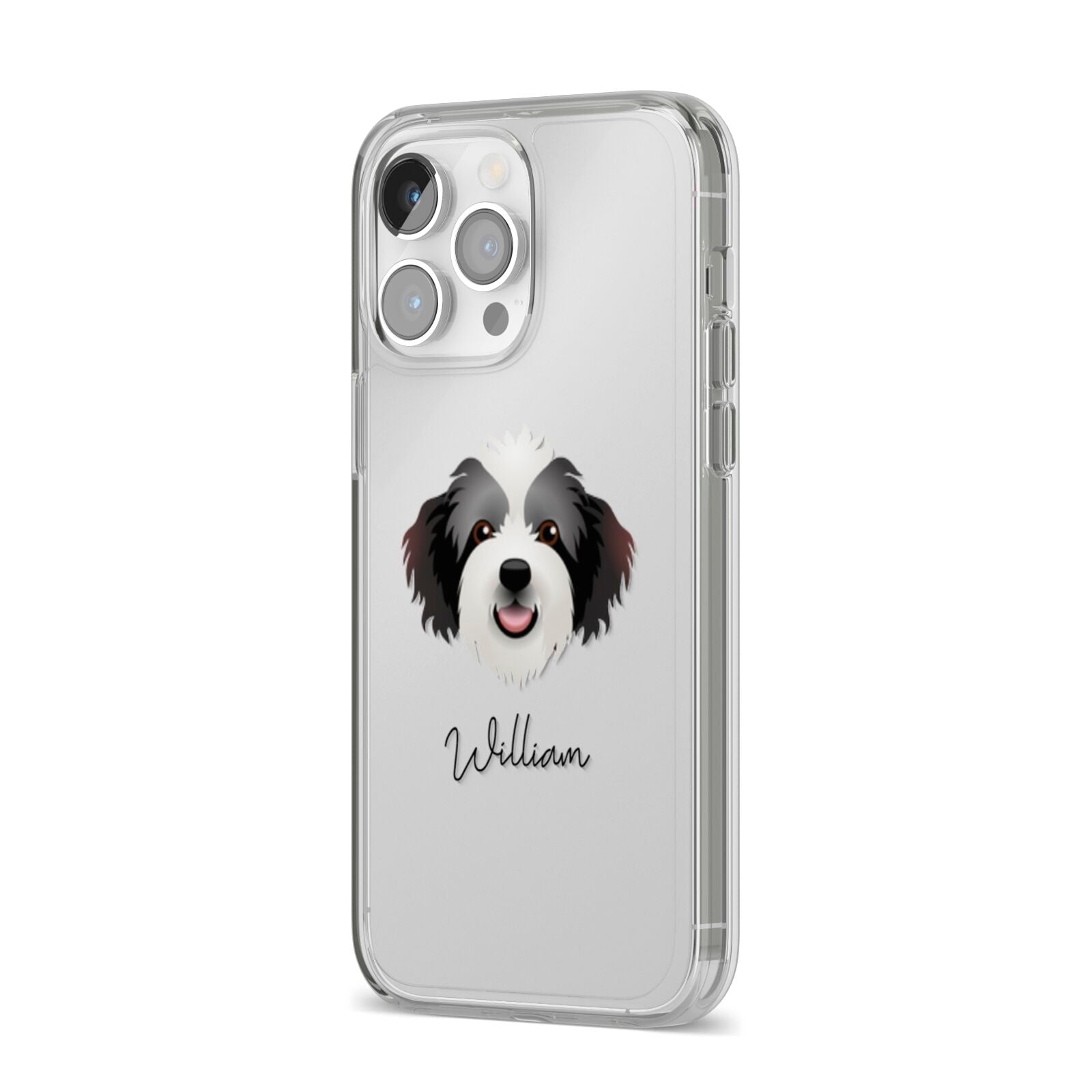 Bordoodle Personalised iPhone 14 Pro Max Clear Tough Case Silver Angled Image