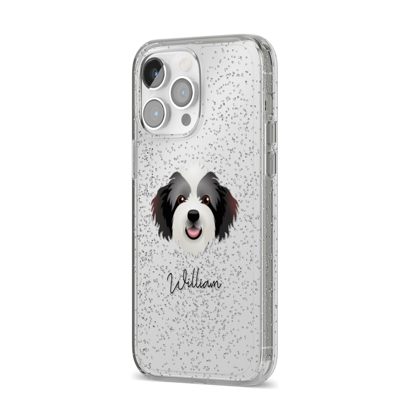 Bordoodle Personalised iPhone 14 Pro Max Glitter Tough Case Silver Angled Image