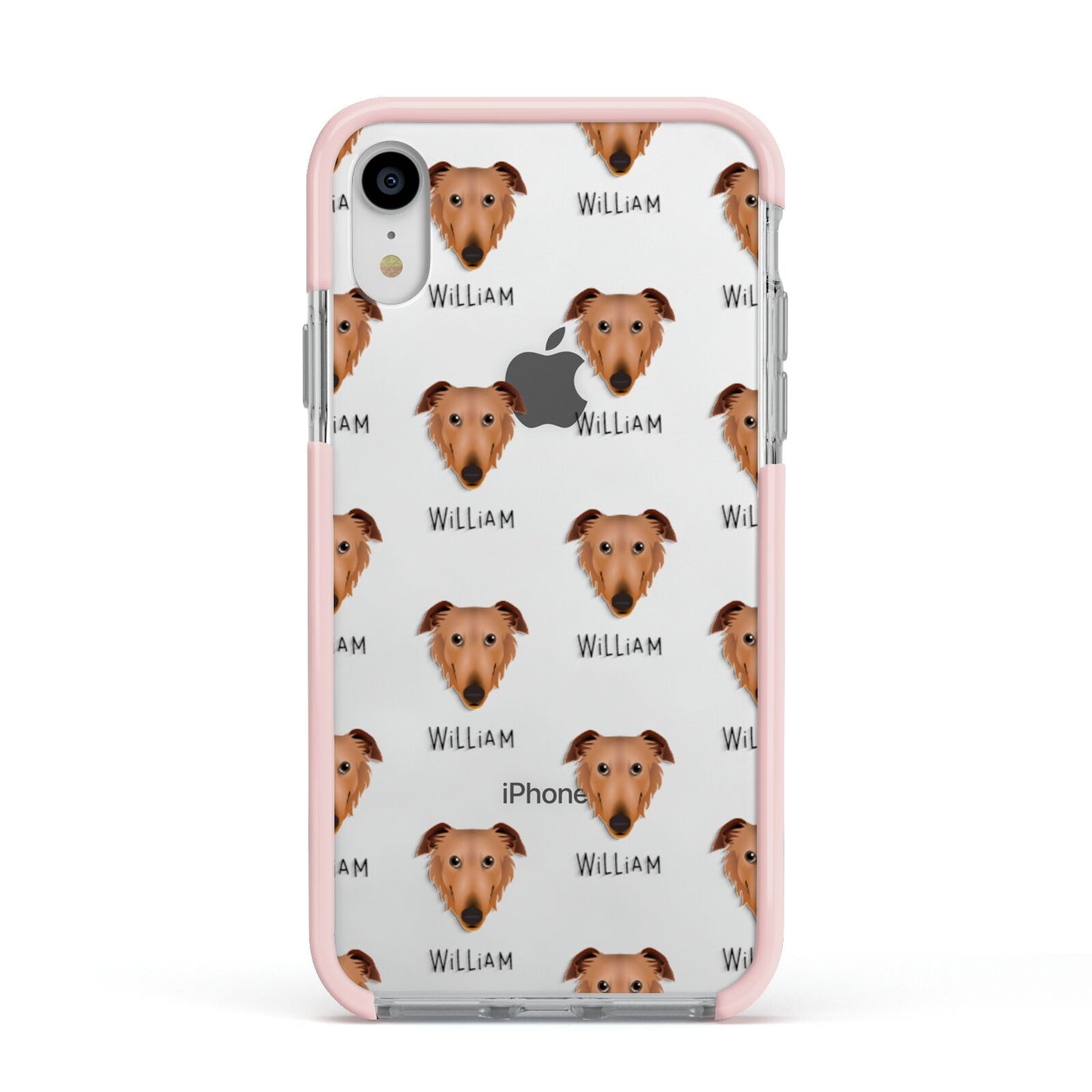 Borzoi Icon with Name Apple iPhone XR Impact Case Pink Edge on Silver Phone