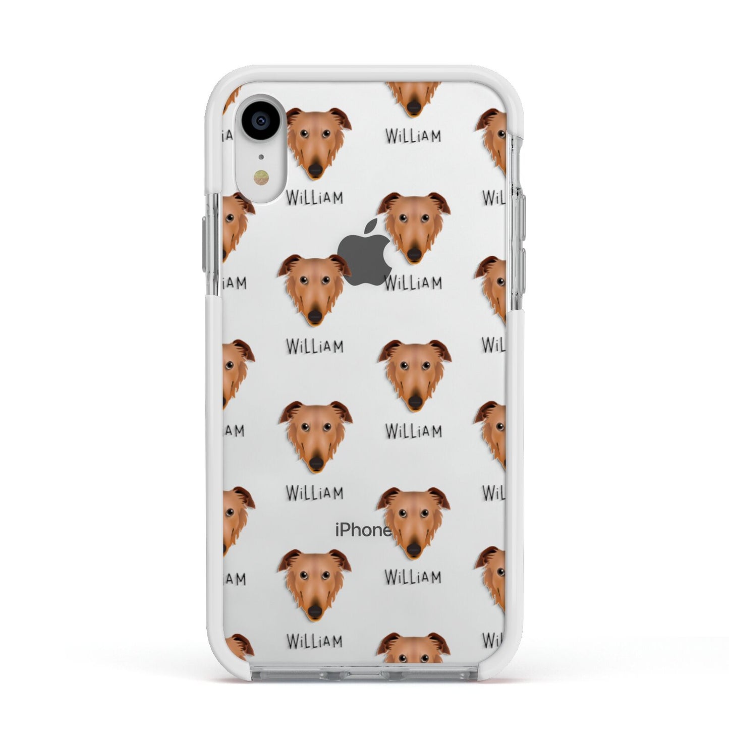 Borzoi Icon with Name Apple iPhone XR Impact Case White Edge on Silver Phone