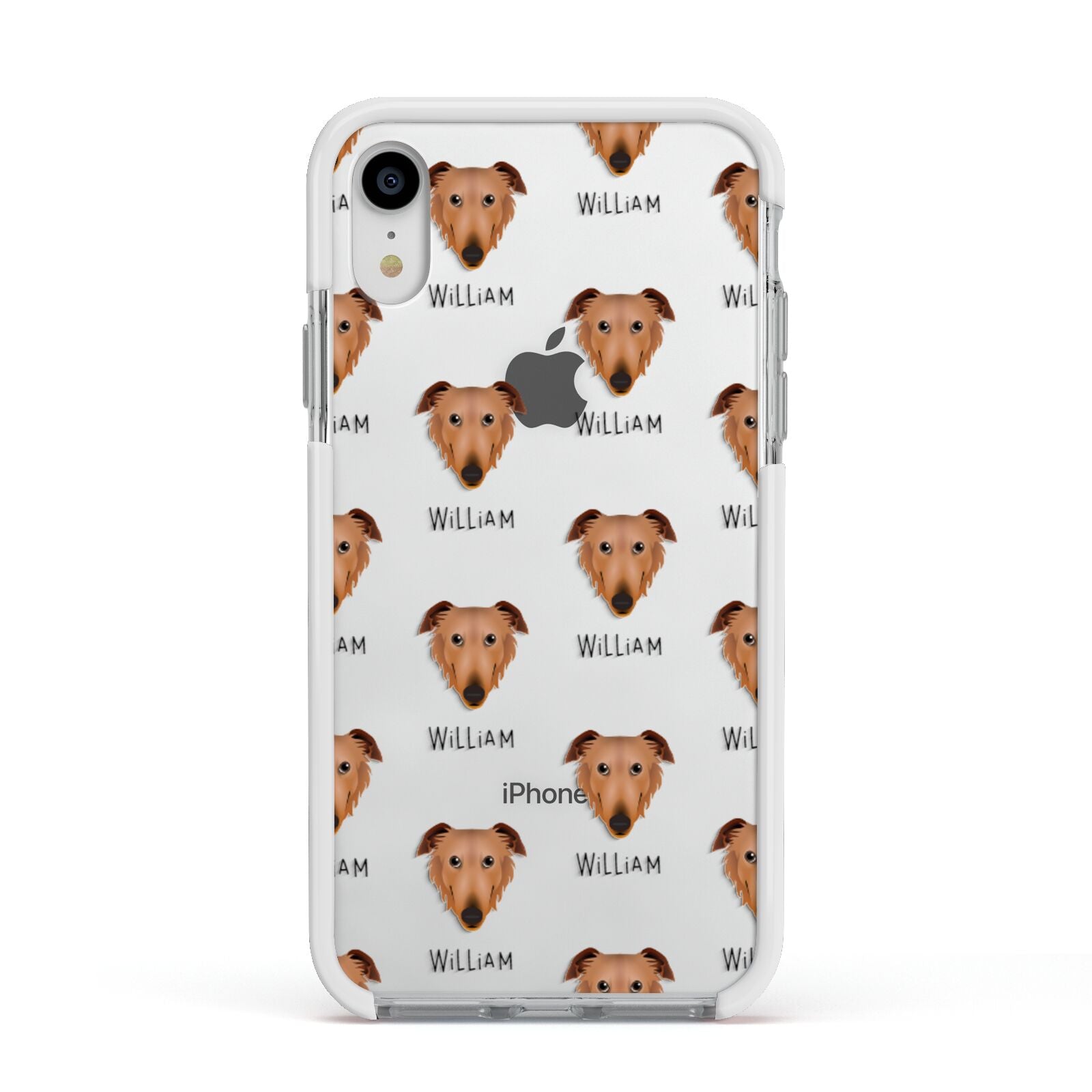 Borzoi Icon with Name Apple iPhone XR Impact Case White Edge on Silver Phone