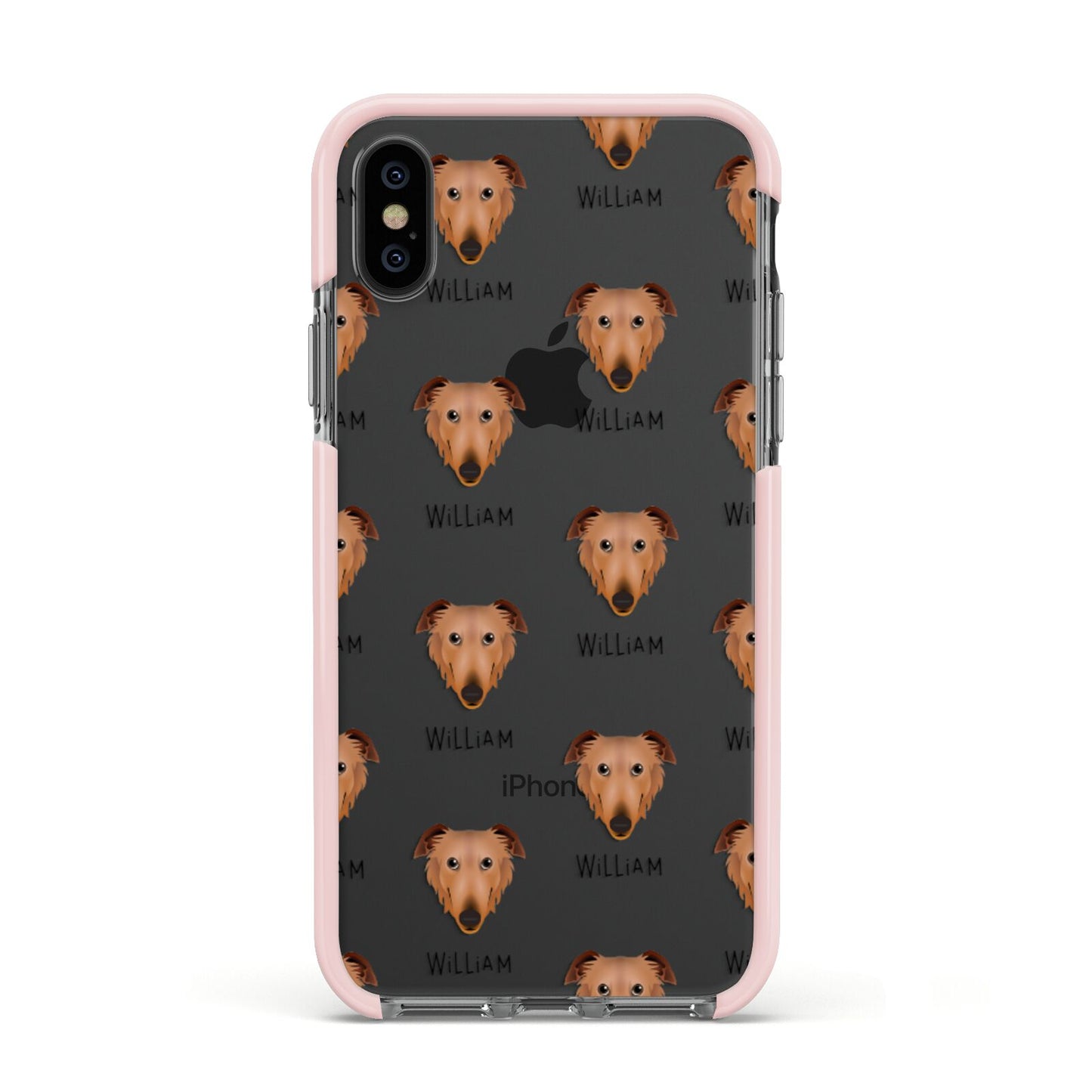 Borzoi Icon with Name Apple iPhone Xs Impact Case Pink Edge on Black Phone