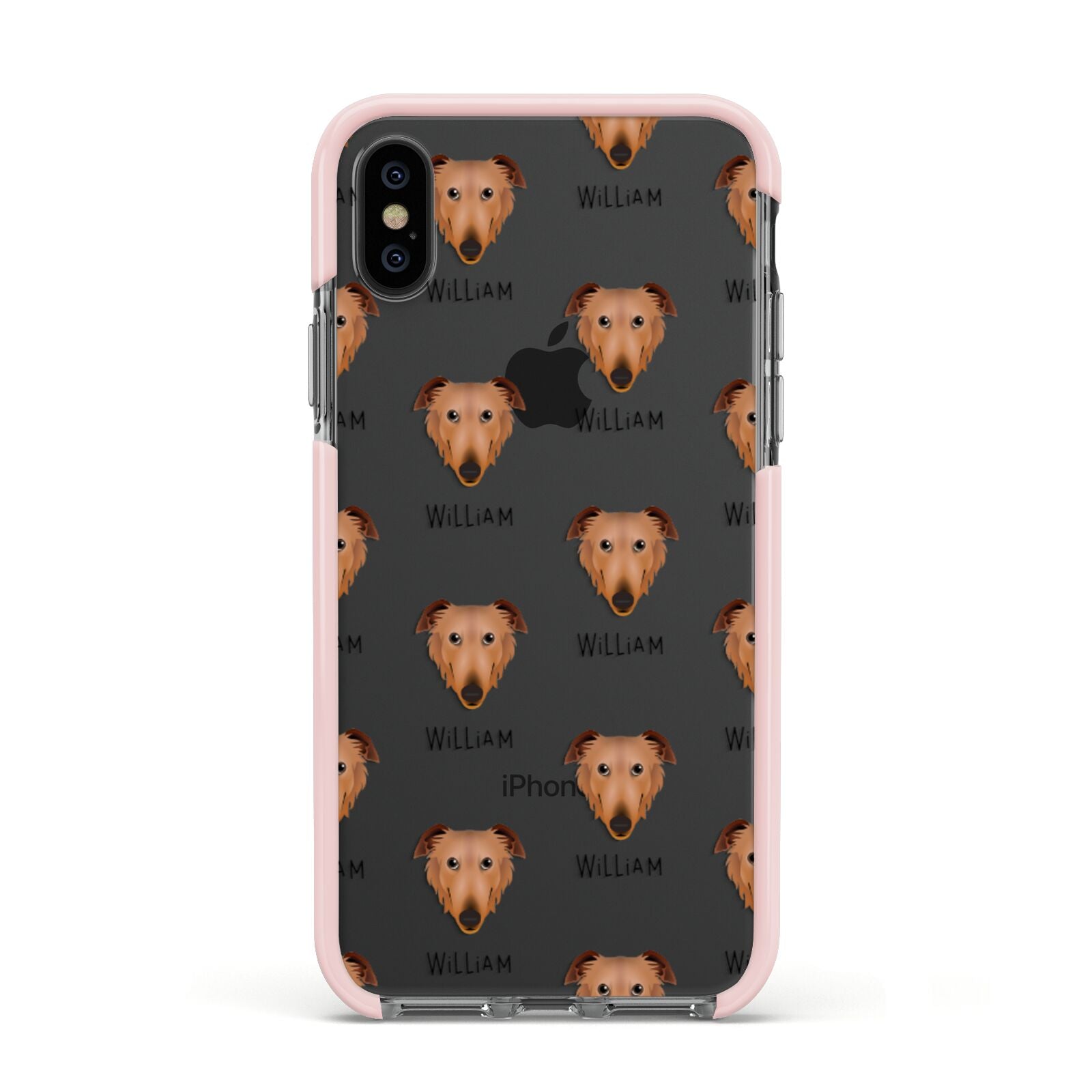 Borzoi Icon with Name Apple iPhone Xs Impact Case Pink Edge on Black Phone