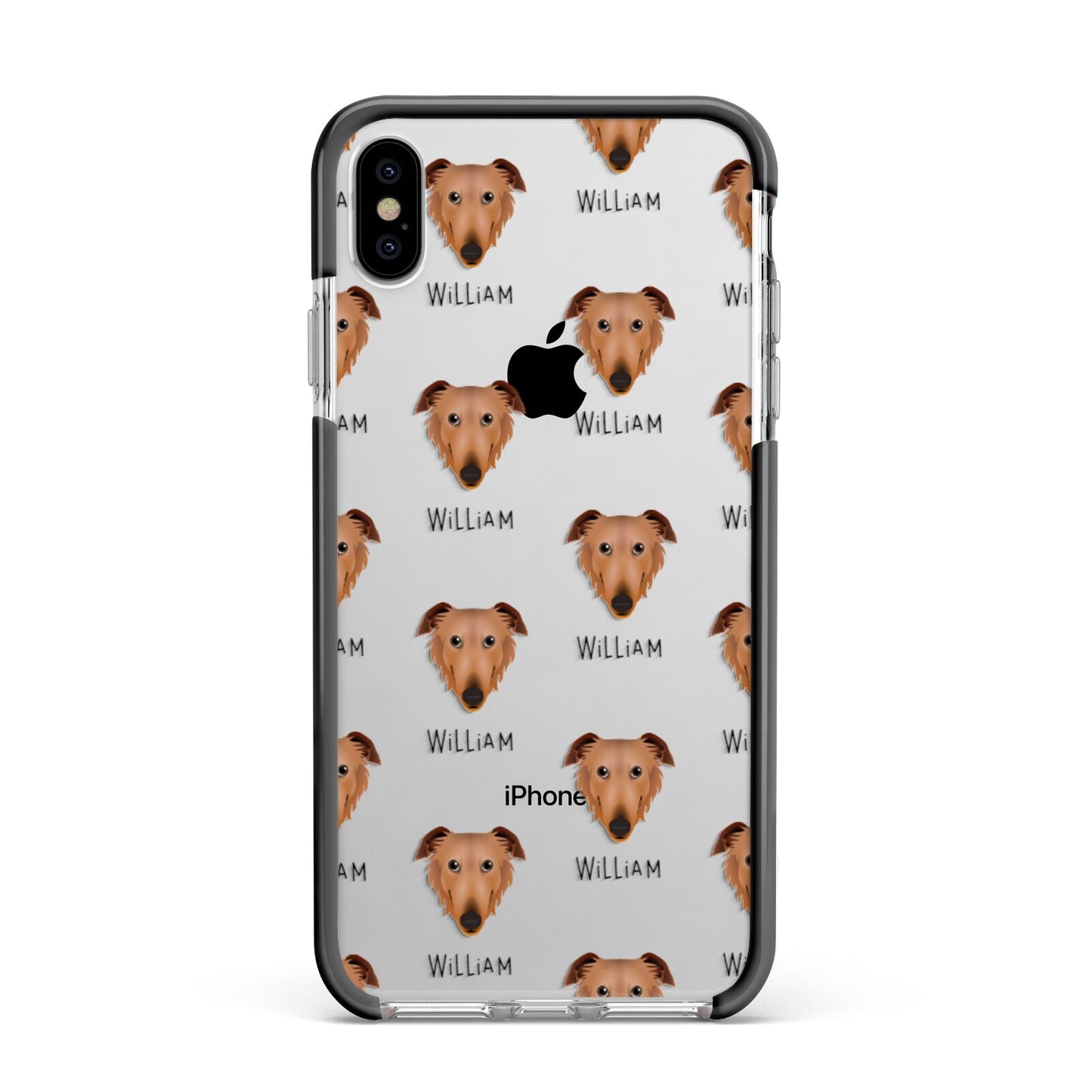 Borzoi Icon with Name Apple iPhone Xs Max Impact Case Black Edge on Silver Phone