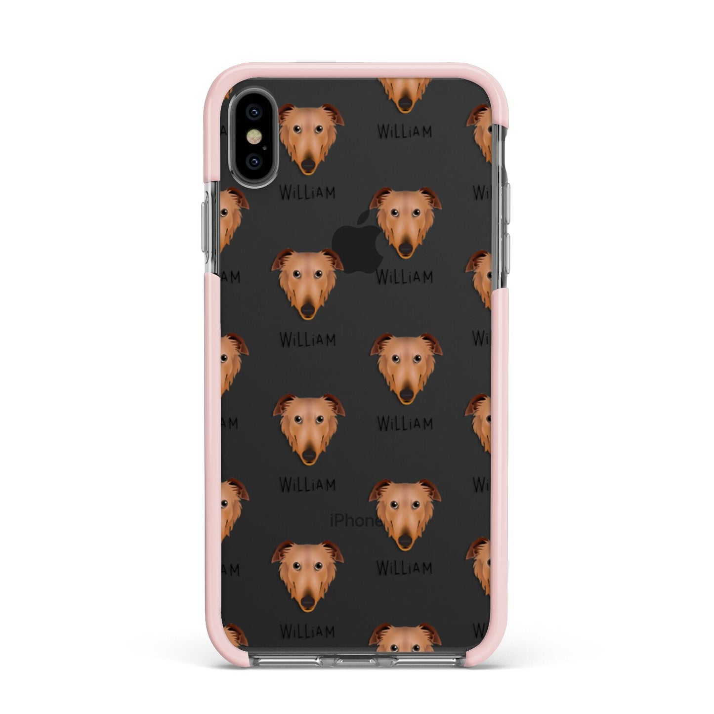 Borzoi Icon with Name Apple iPhone Xs Max Impact Case Pink Edge on Black Phone