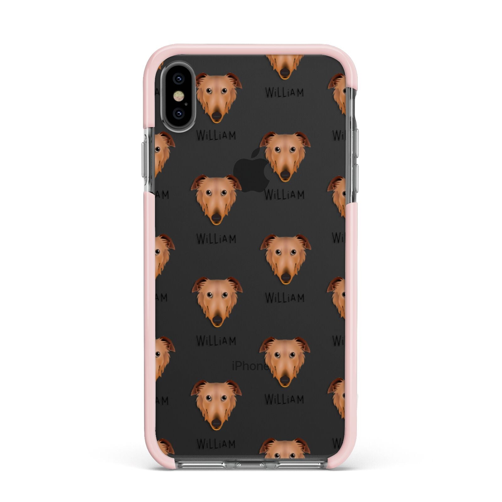 Borzoi Icon with Name Apple iPhone Xs Max Impact Case Pink Edge on Black Phone
