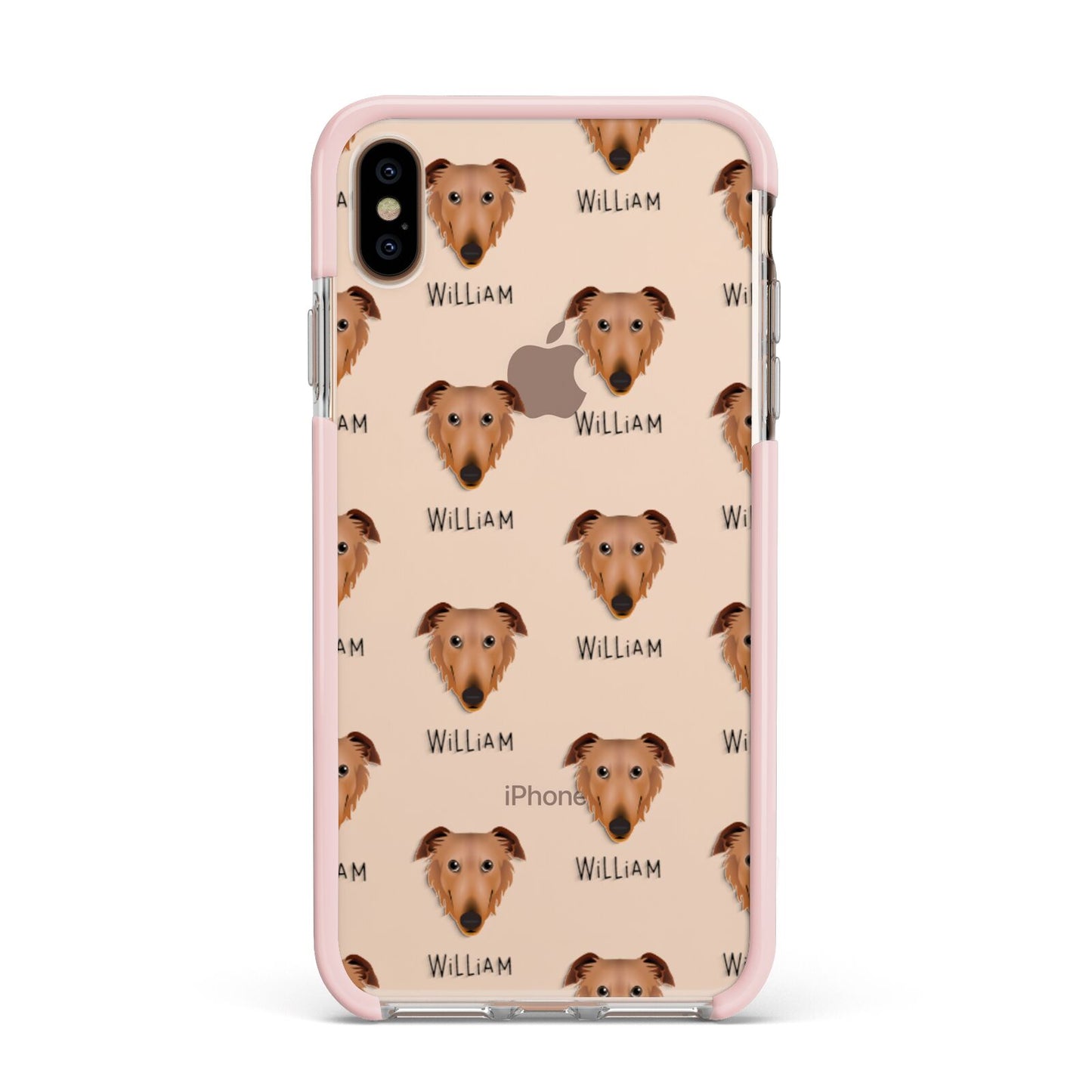 Borzoi Icon with Name Apple iPhone Xs Max Impact Case Pink Edge on Gold Phone