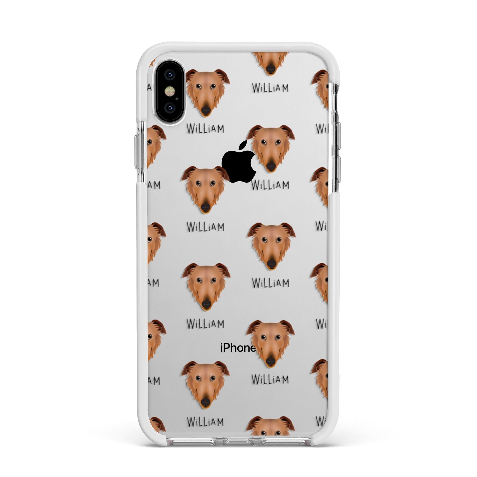 Borzoi Icon with Name Apple iPhone Xs Max Impact Case White Edge on Silver Phone
