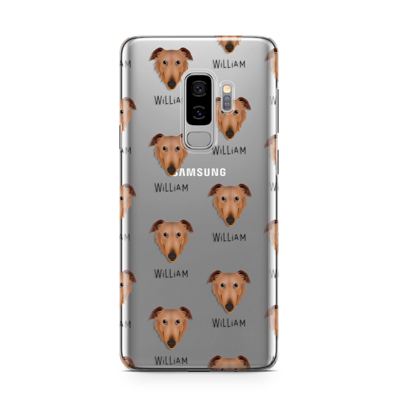 Borzoi Icon with Name Samsung Galaxy S9 Plus Case on Silver phone