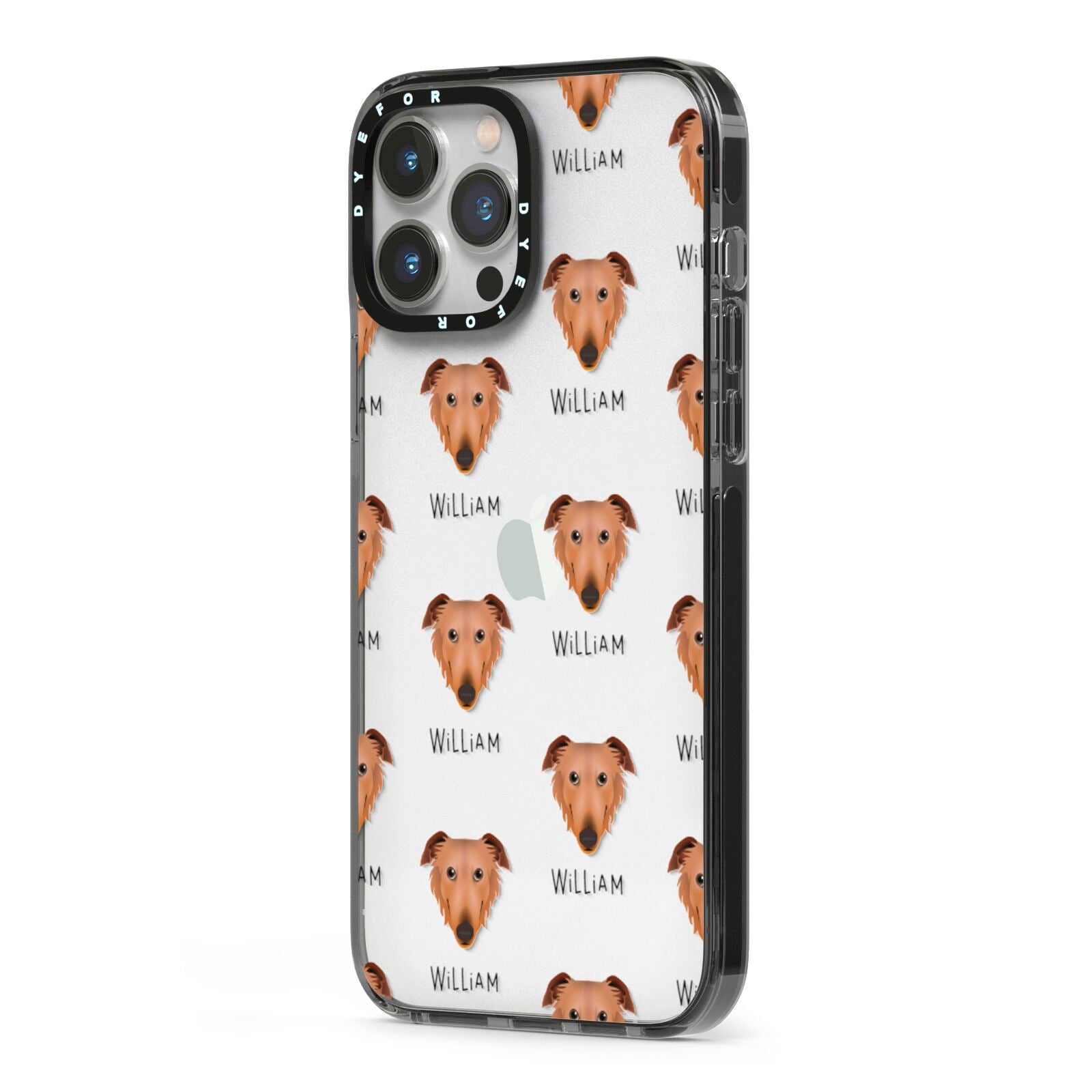 Borzoi Icon with Name iPhone 13 Pro Max Black Impact Case Side Angle on Silver phone