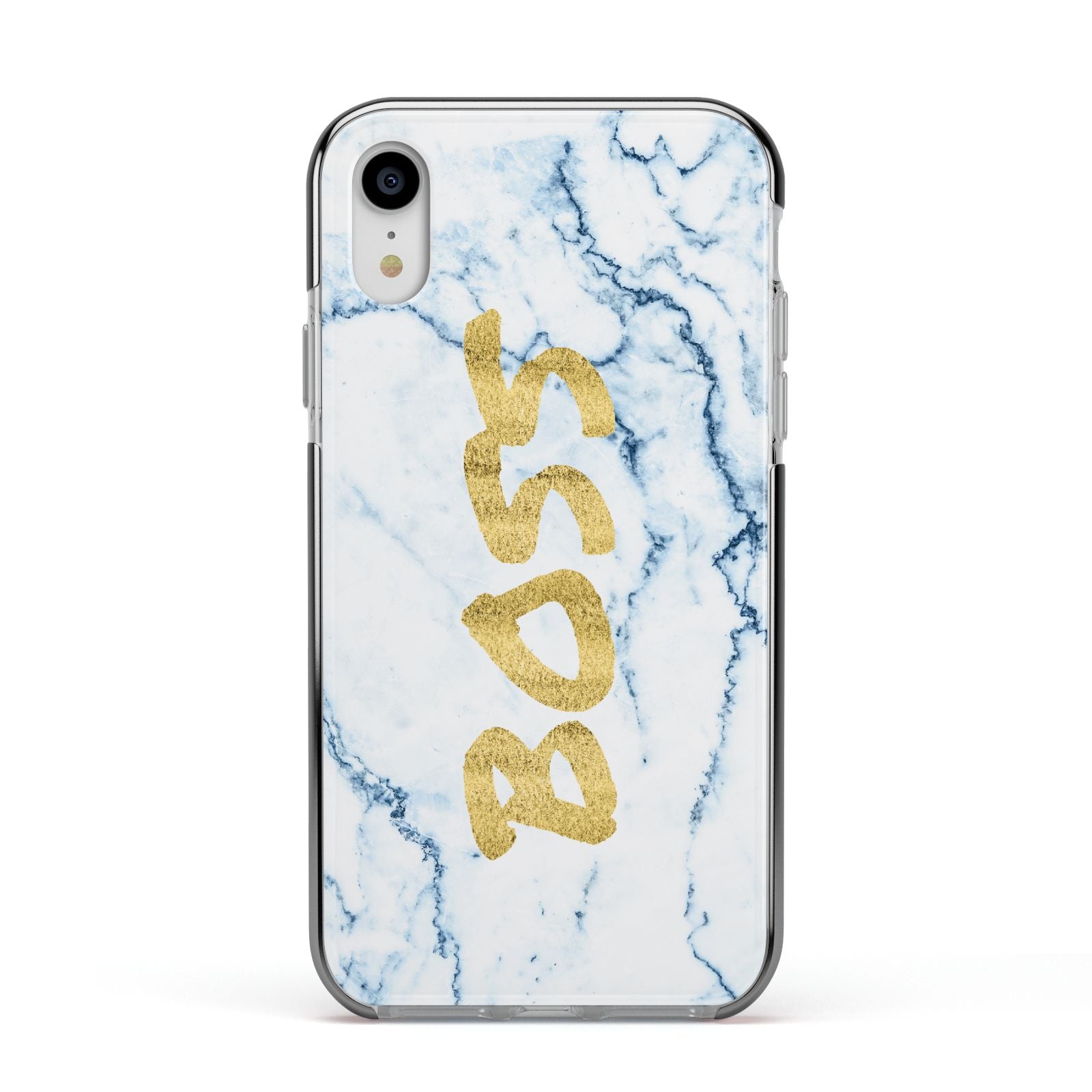 Boss Gold Blue Marble Effect Apple iPhone XR Impact Case Black Edge on Silver Phone