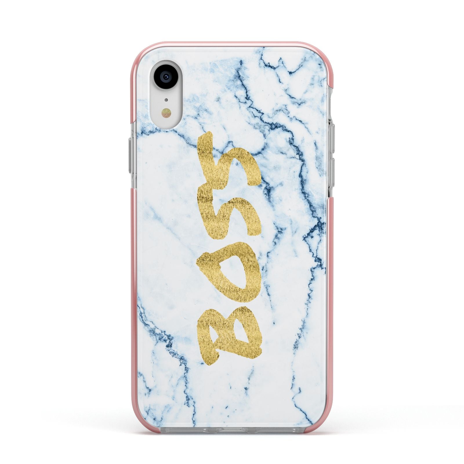 Boss Gold Blue Marble Effect Apple iPhone XR Impact Case Pink Edge on Silver Phone
