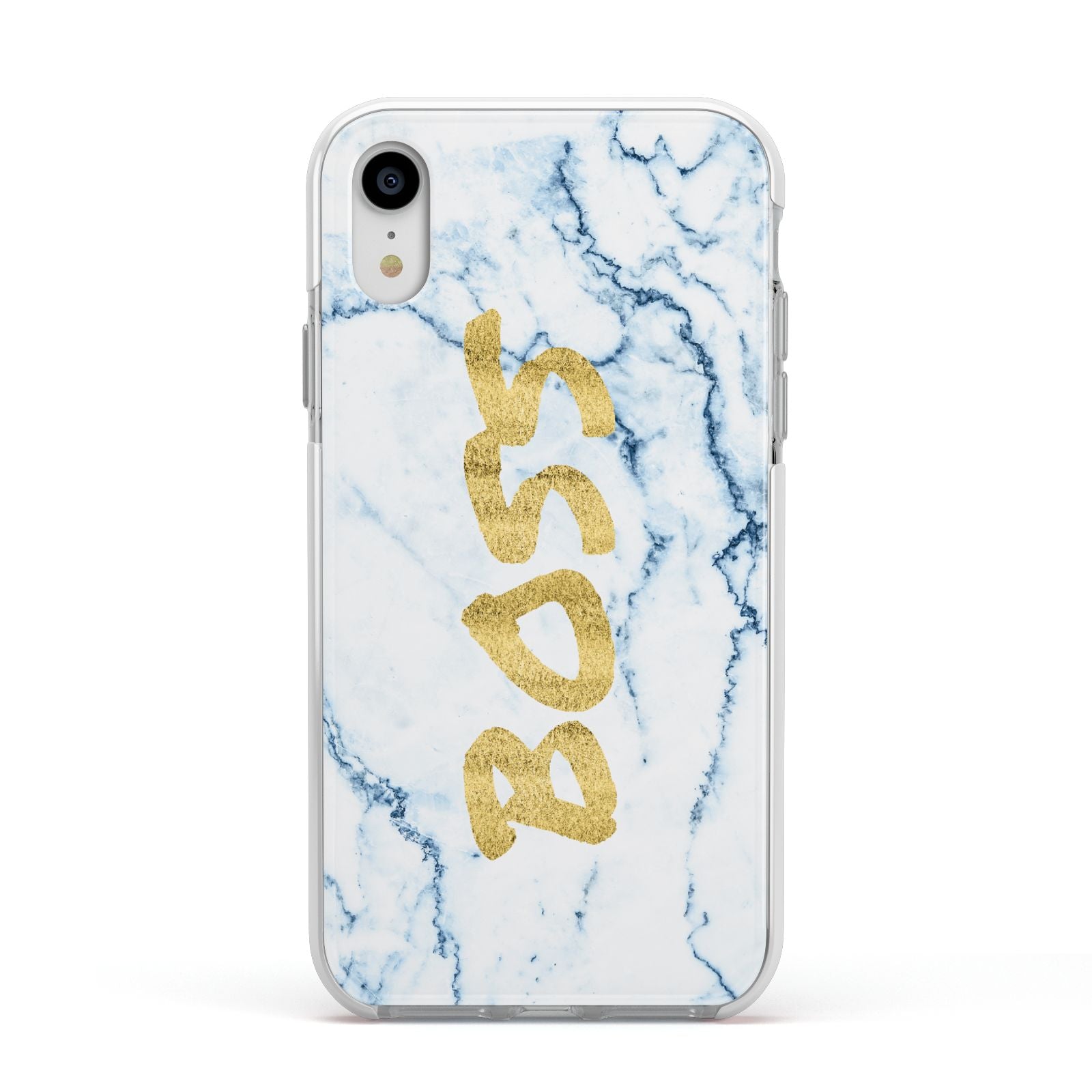 Boss Gold Blue Marble Effect Apple iPhone XR Impact Case White Edge on Silver Phone