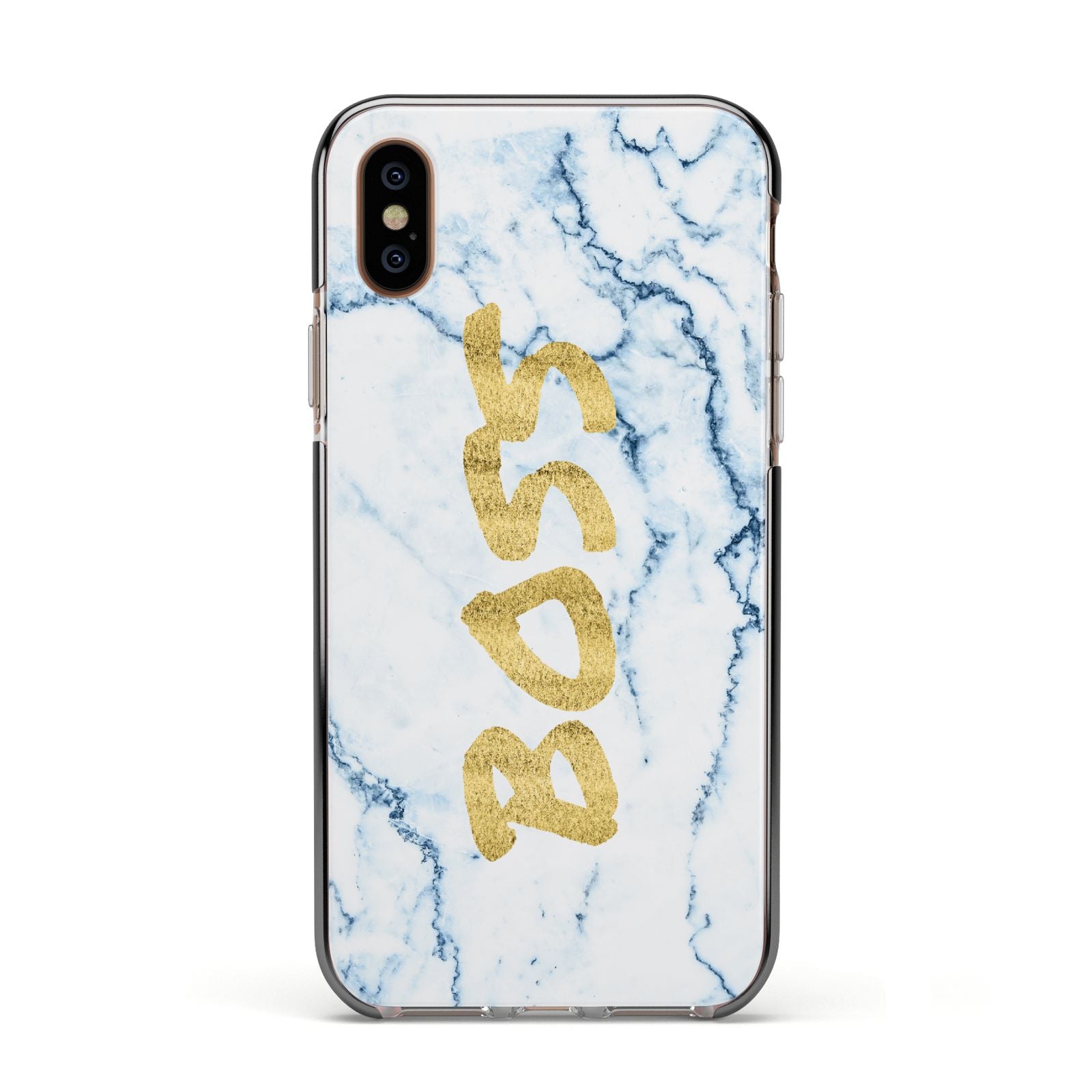 Boss Gold Blue Marble Effect Apple iPhone Xs Impact Case Black Edge on Gold Phone