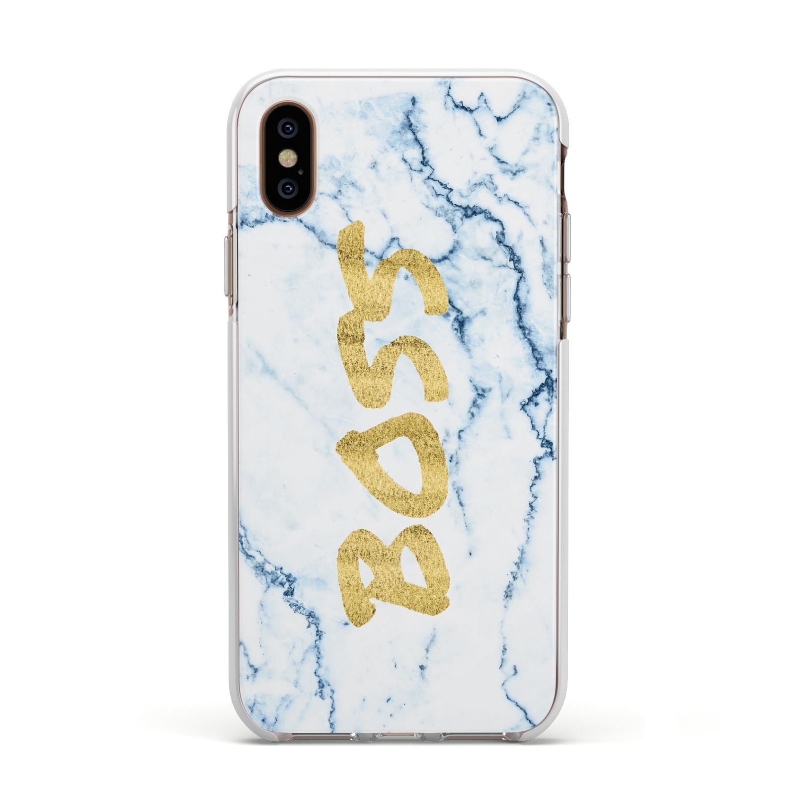 Boss Gold Blue Marble Effect Apple iPhone Xs Impact Case White Edge on Gold Phone