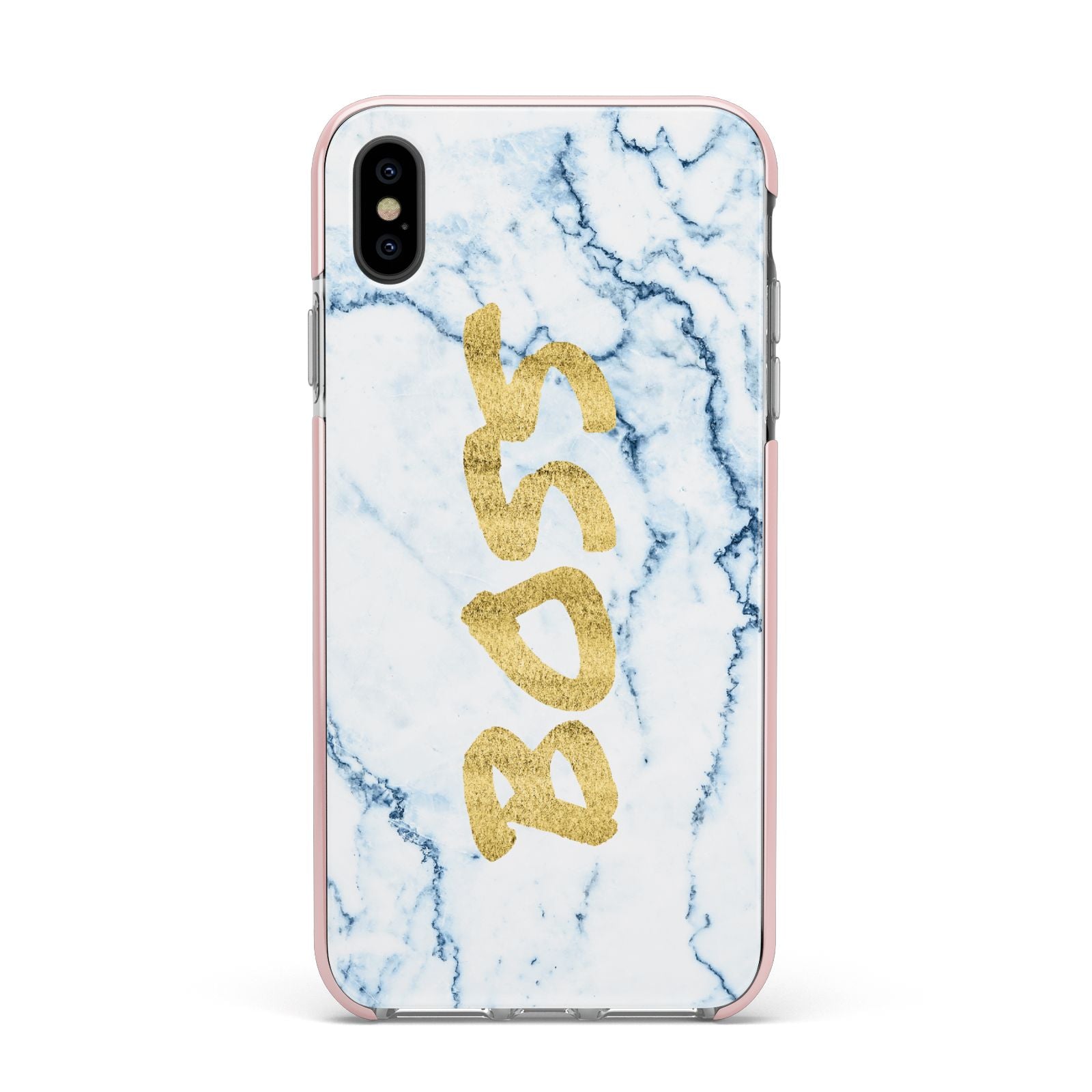 Boss Gold Blue Marble Effect Apple iPhone Xs Max Impact Case Pink Edge on Black Phone