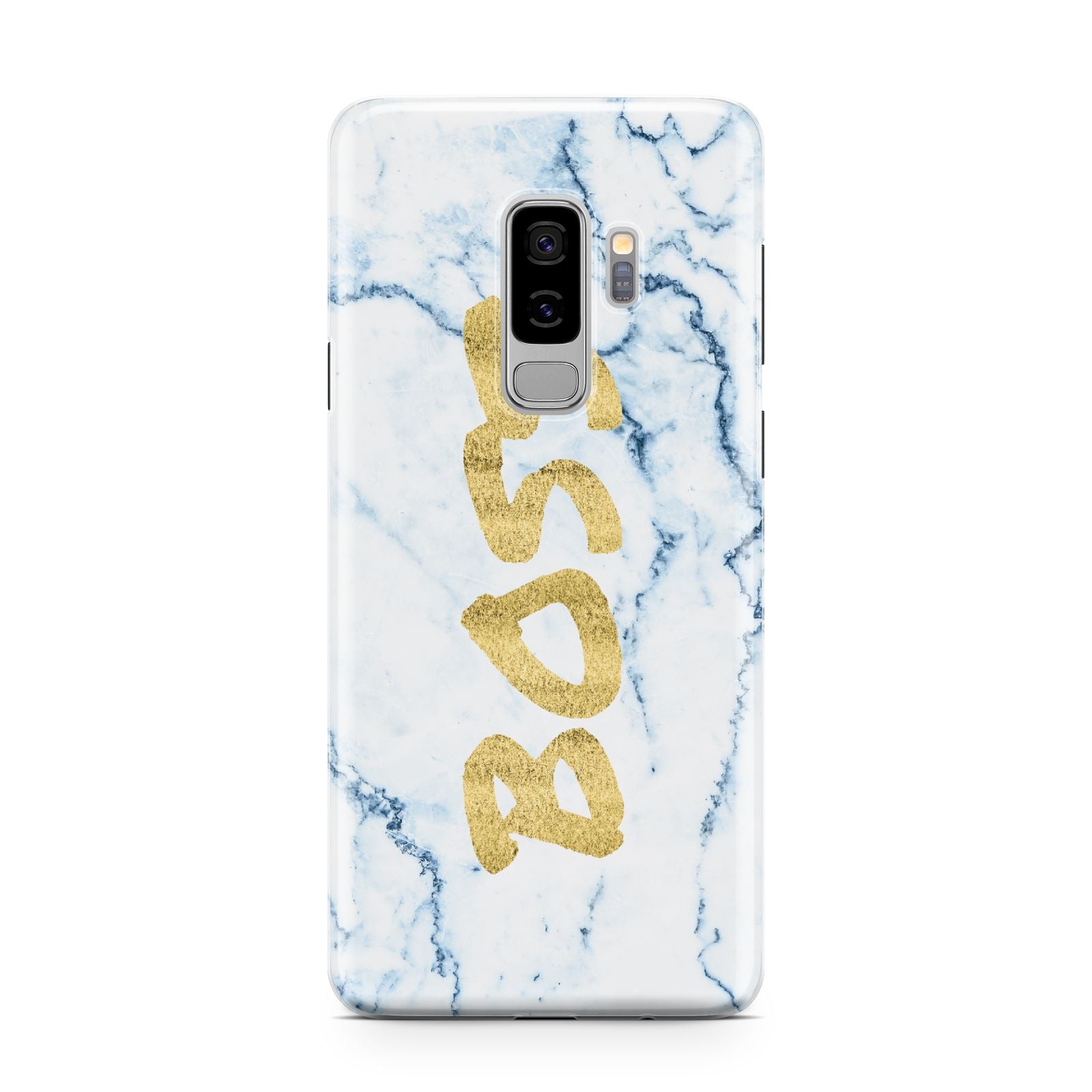 Boss Gold Blue Marble Effect Samsung Galaxy S9 Plus Case on Silver phone