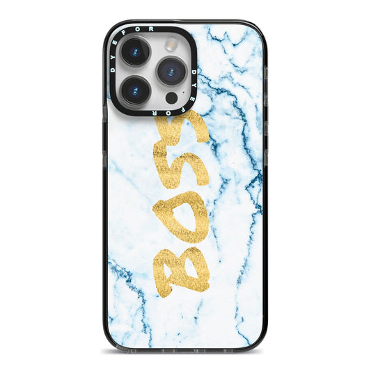 Boss Gold Blue Marble Effect iPhone 14 Pro Max Black Impact Case on Silver phone