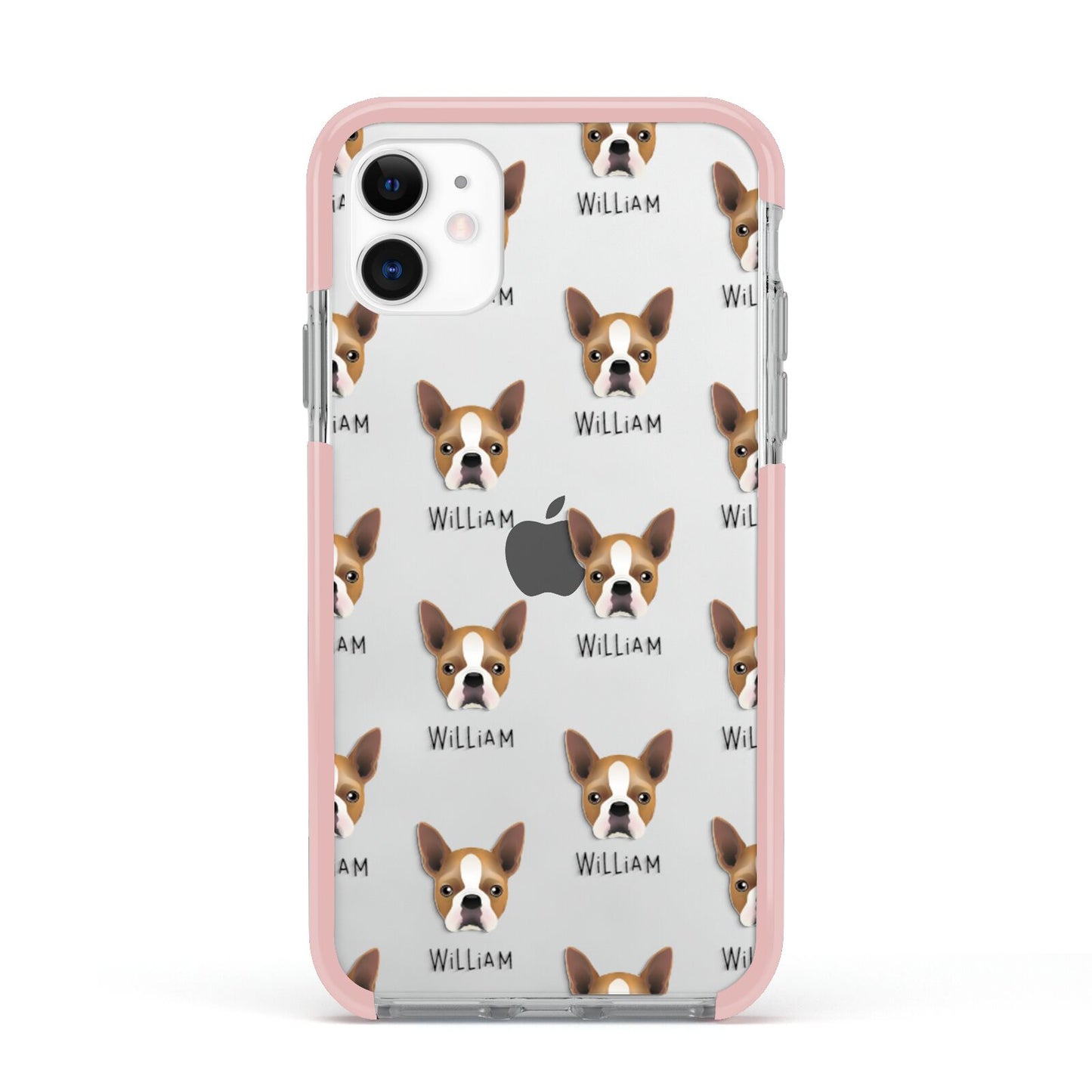 Boston Terrier Icon with Name Apple iPhone 11 in White with Pink Impact Case