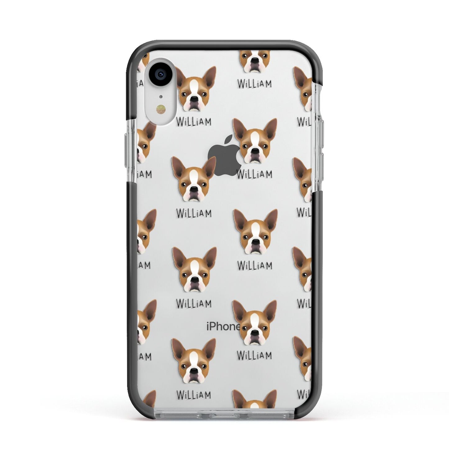 Boston Terrier Icon with Name Apple iPhone XR Impact Case Black Edge on Silver Phone