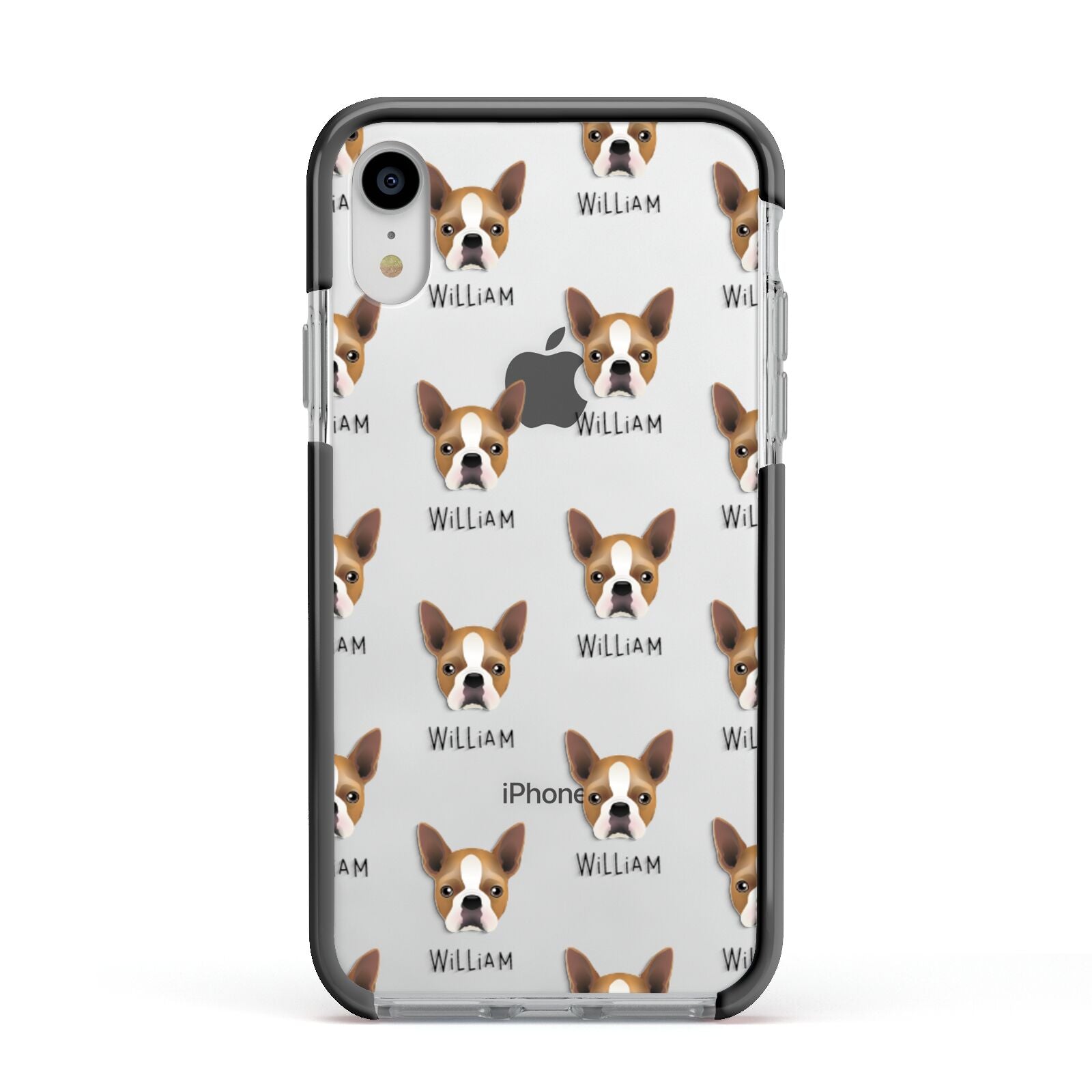 Boston Terrier Icon with Name Apple iPhone XR Impact Case Black Edge on Silver Phone