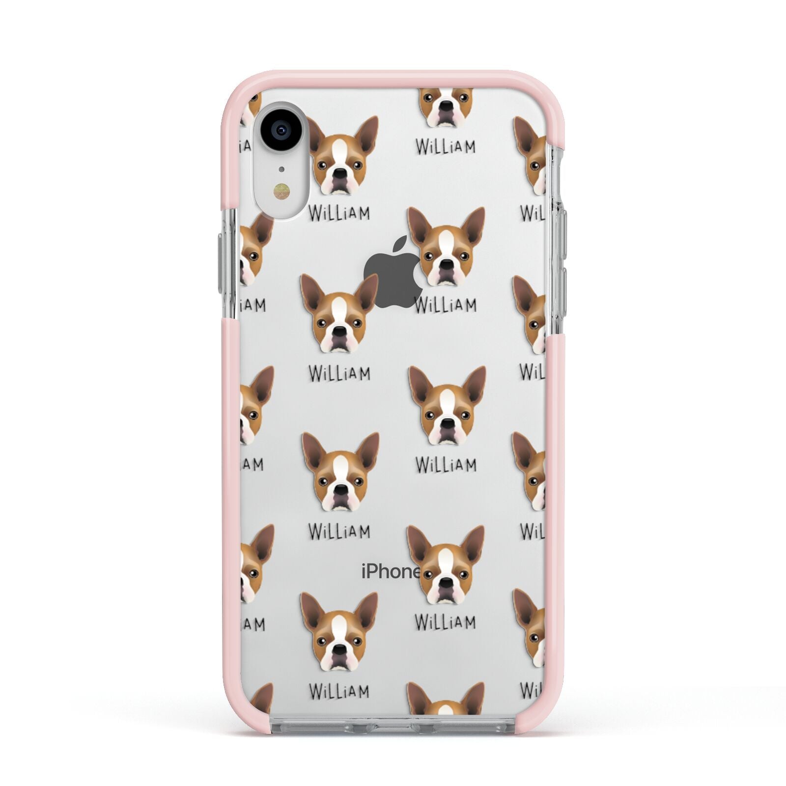 Boston Terrier Icon with Name Apple iPhone XR Impact Case Pink Edge on Silver Phone