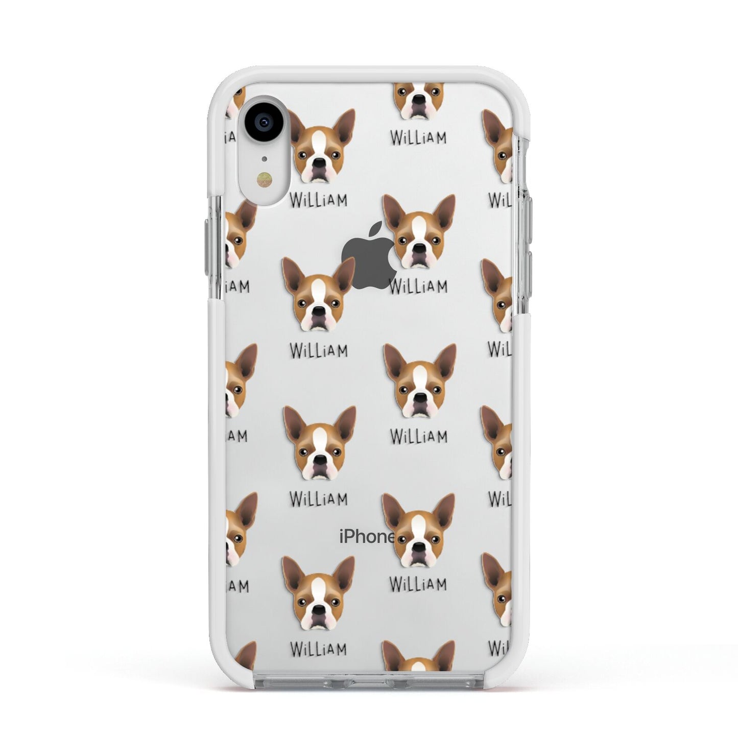 Boston Terrier Icon with Name Apple iPhone XR Impact Case White Edge on Silver Phone