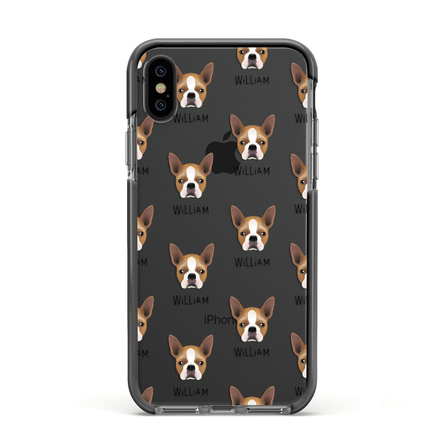 Boston Terrier Icon with Name Apple iPhone Xs Impact Case Black Edge on Black Phone
