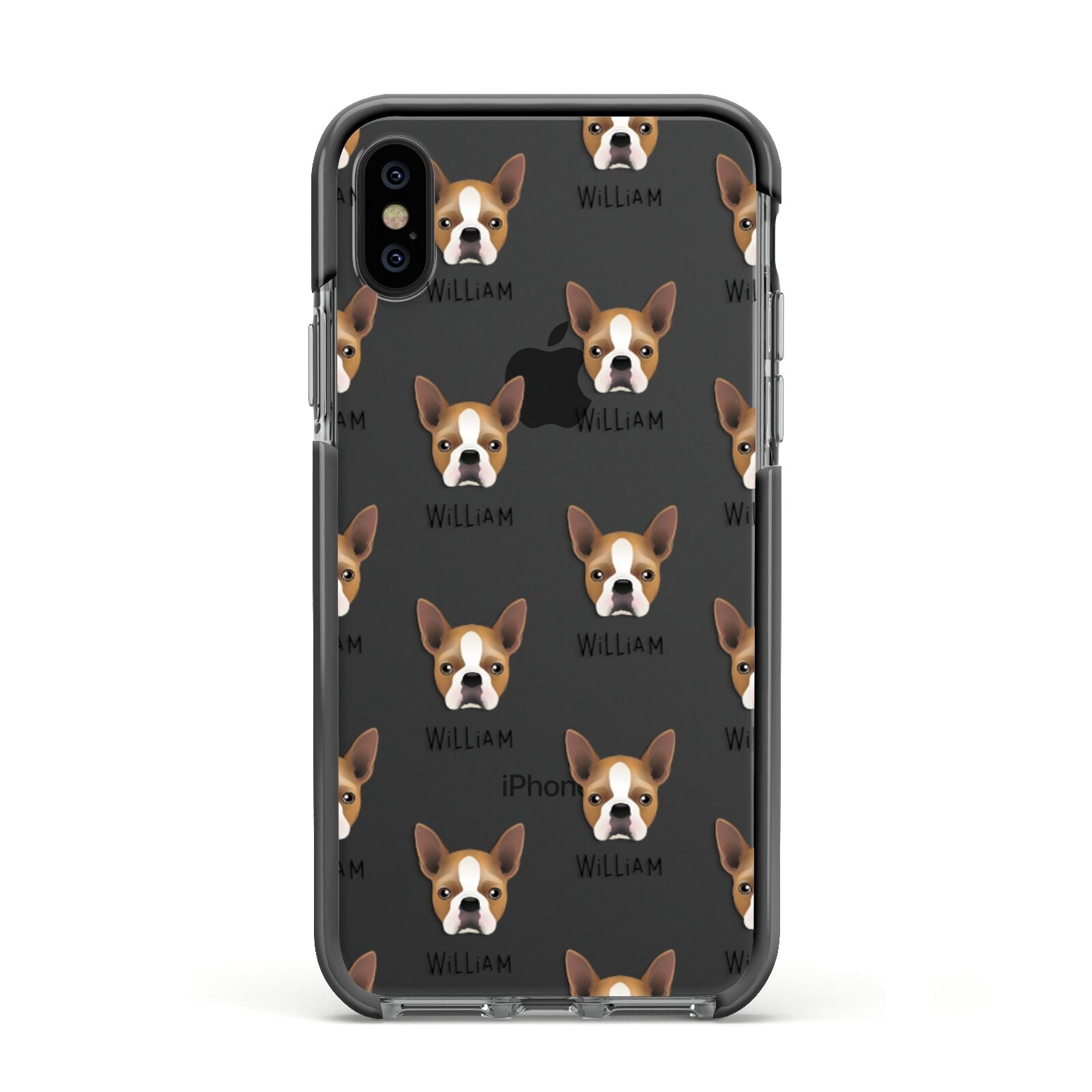 Boston Terrier Icon with Name Apple iPhone Xs Impact Case Black Edge on Black Phone