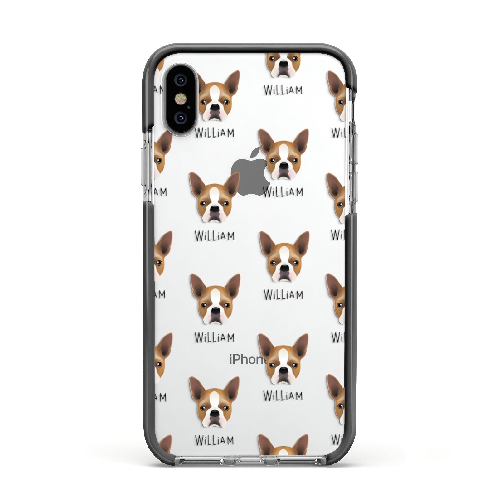 Boston Terrier Icon with Name Apple iPhone Xs Impact Case Black Edge on Silver Phone