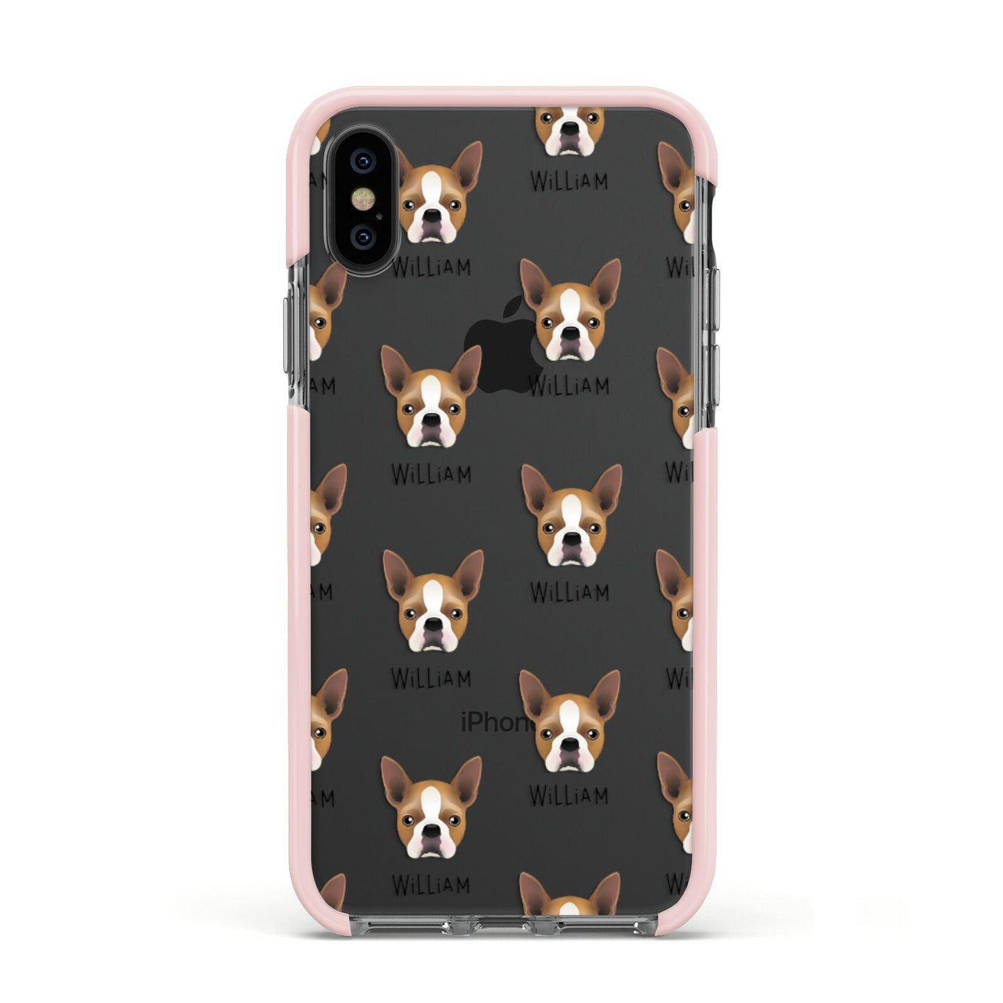 Boston Terrier Icon with Name Apple iPhone Xs Impact Case Pink Edge on Black Phone