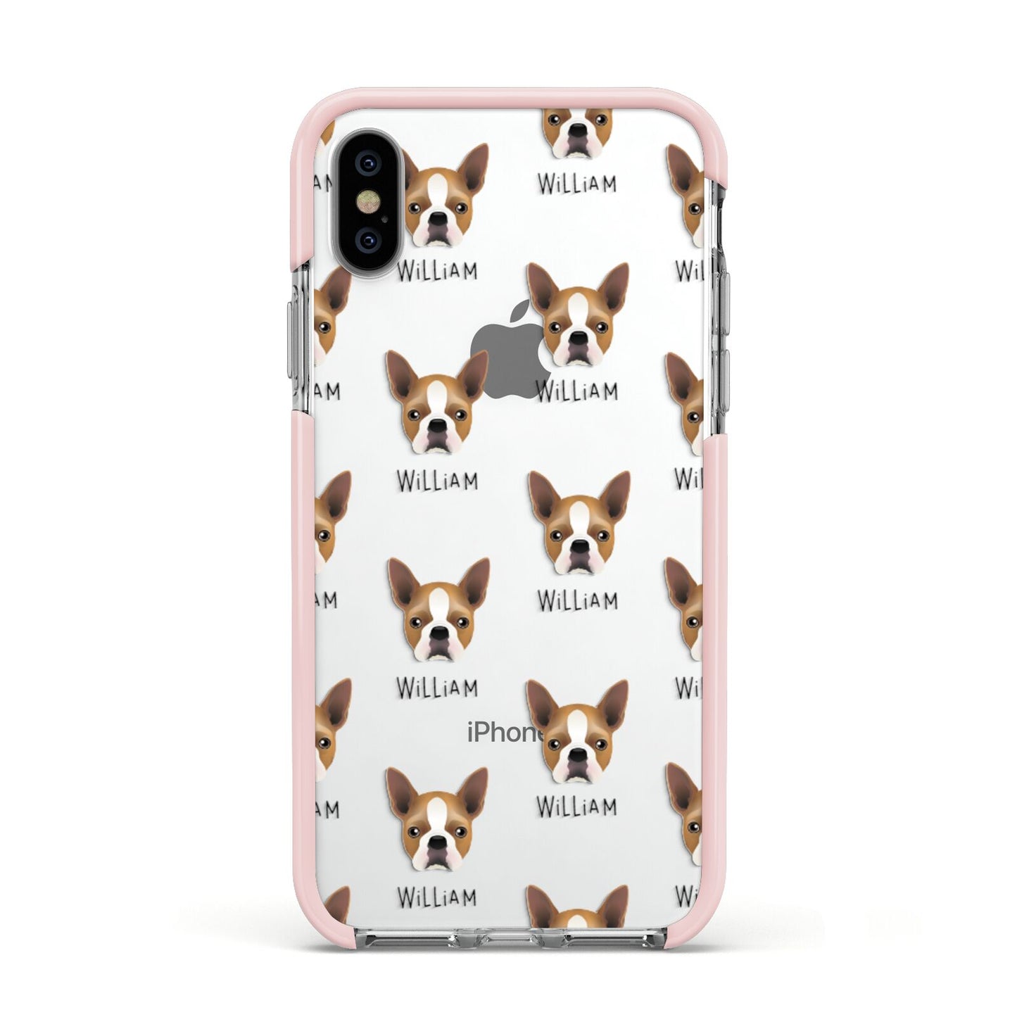 Boston Terrier Icon with Name Apple iPhone Xs Impact Case Pink Edge on Silver Phone