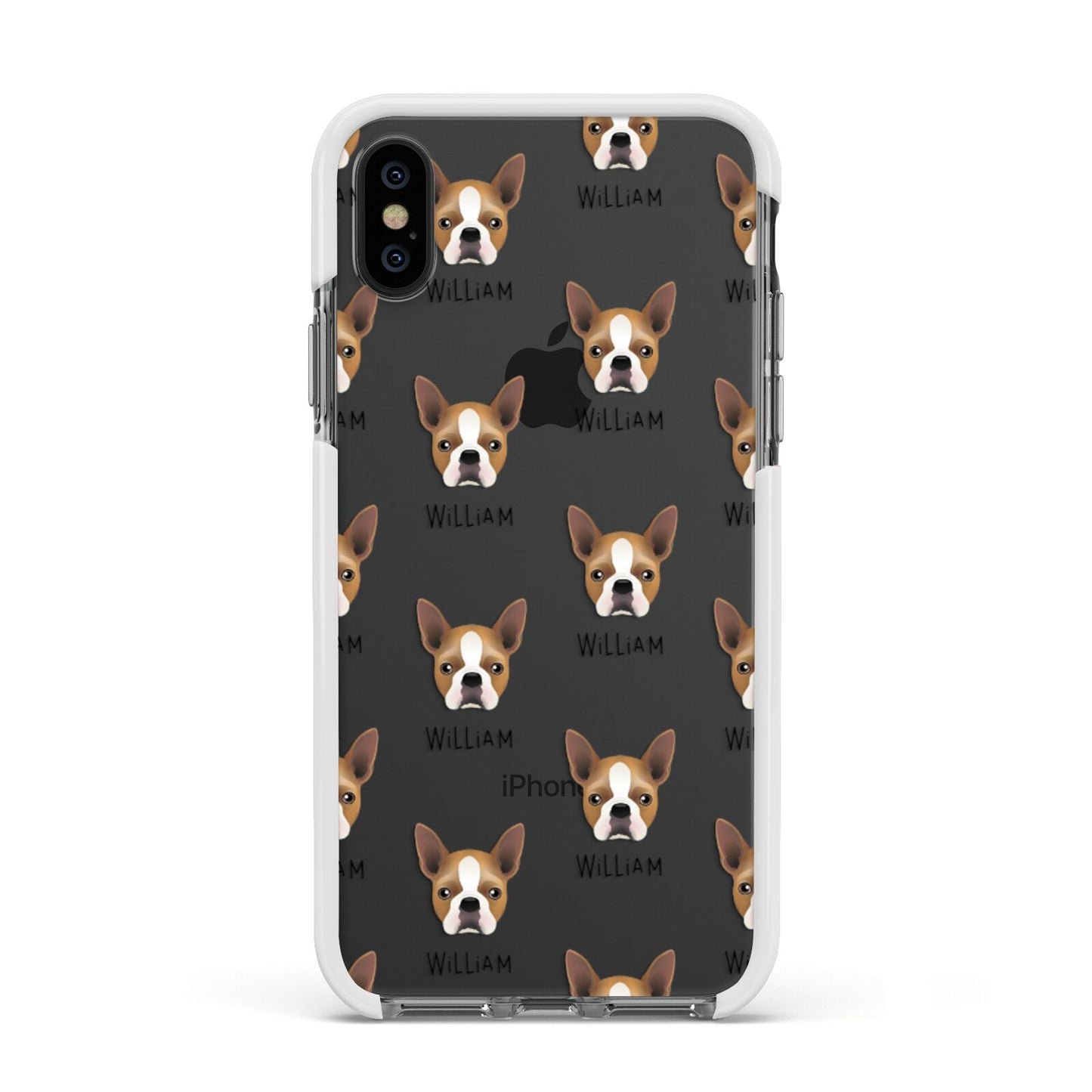 Boston Terrier Icon with Name Apple iPhone Xs Impact Case White Edge on Black Phone