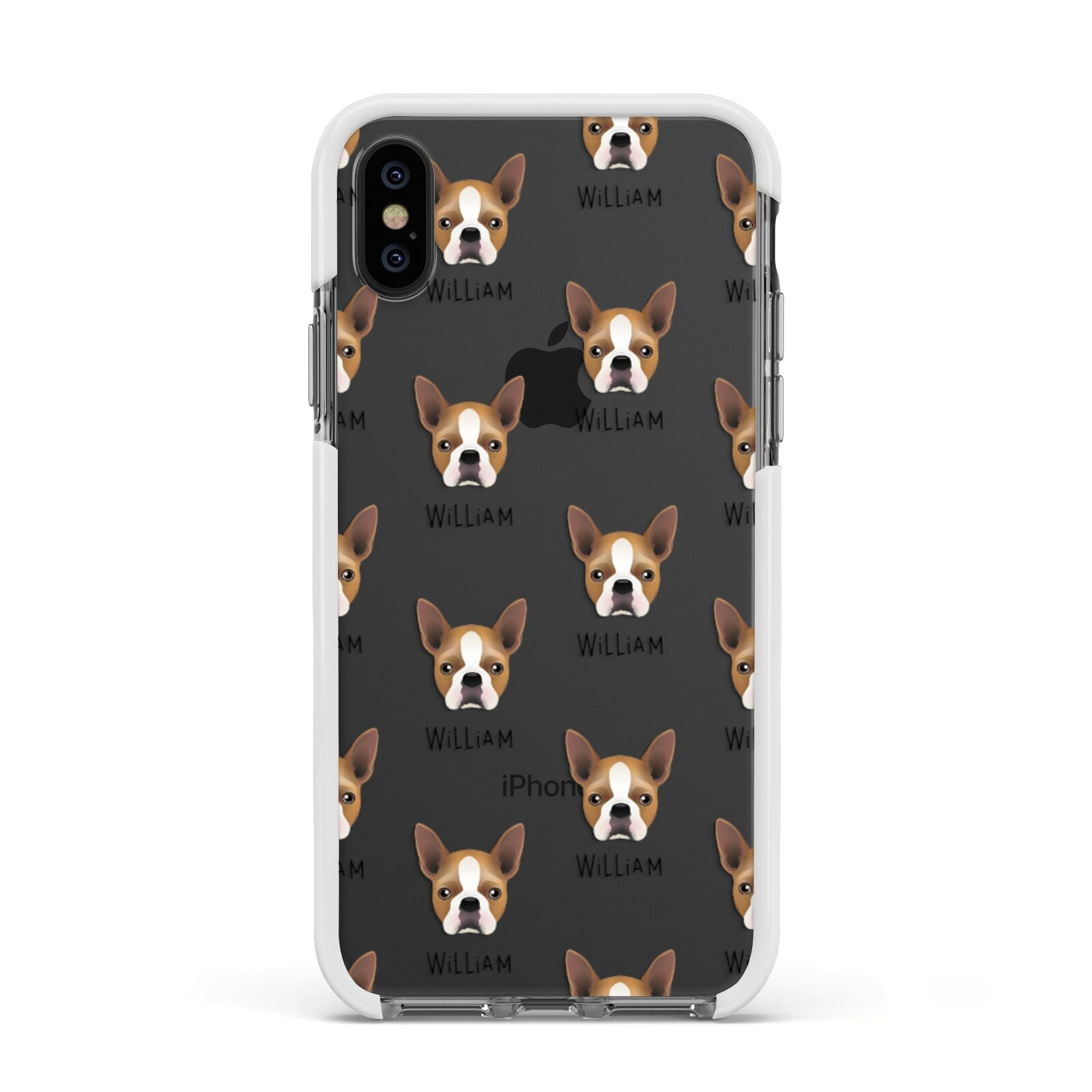 Boston Terrier Icon with Name Apple iPhone Xs Impact Case White Edge on Black Phone