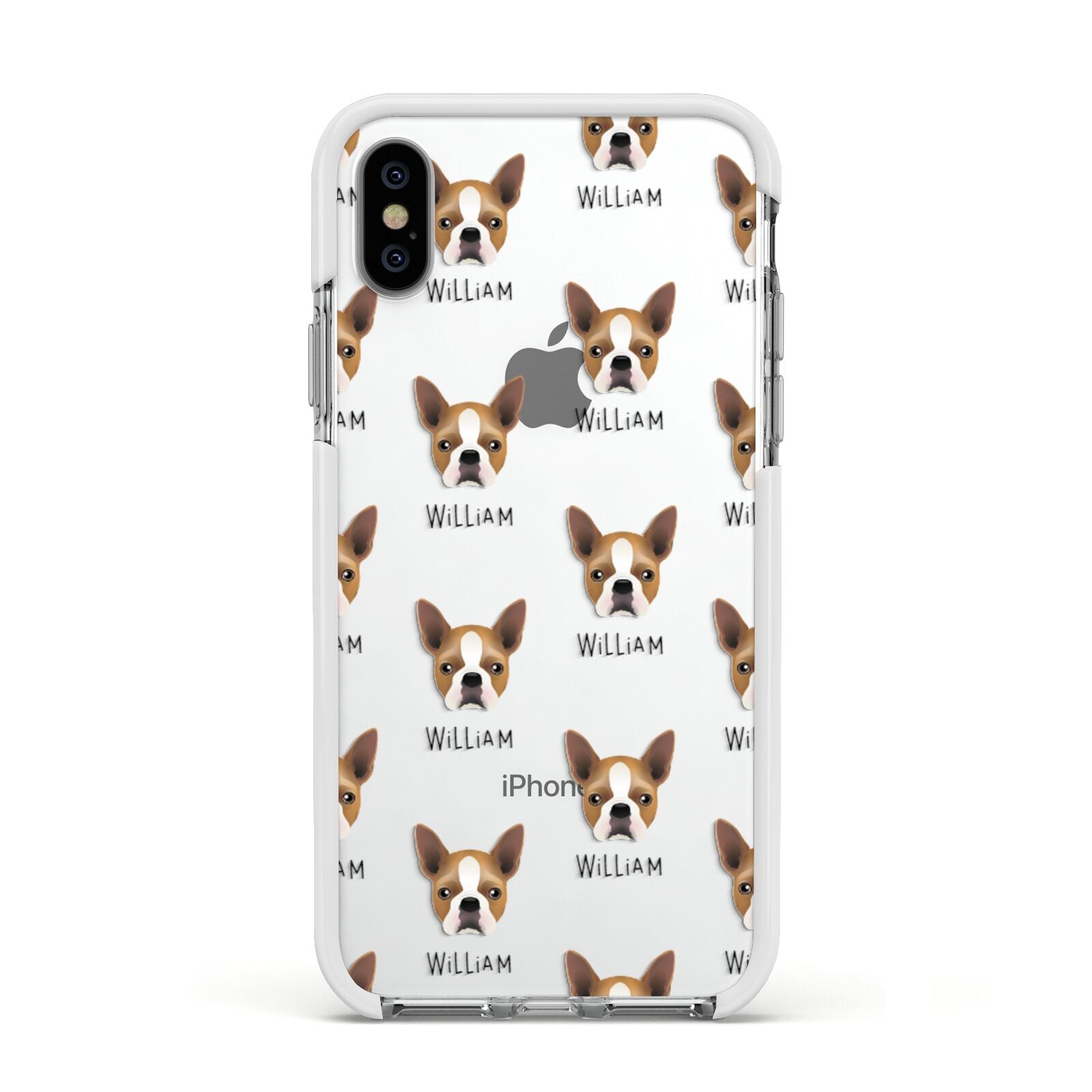 Boston Terrier Icon with Name Apple iPhone Xs Impact Case White Edge on Silver Phone