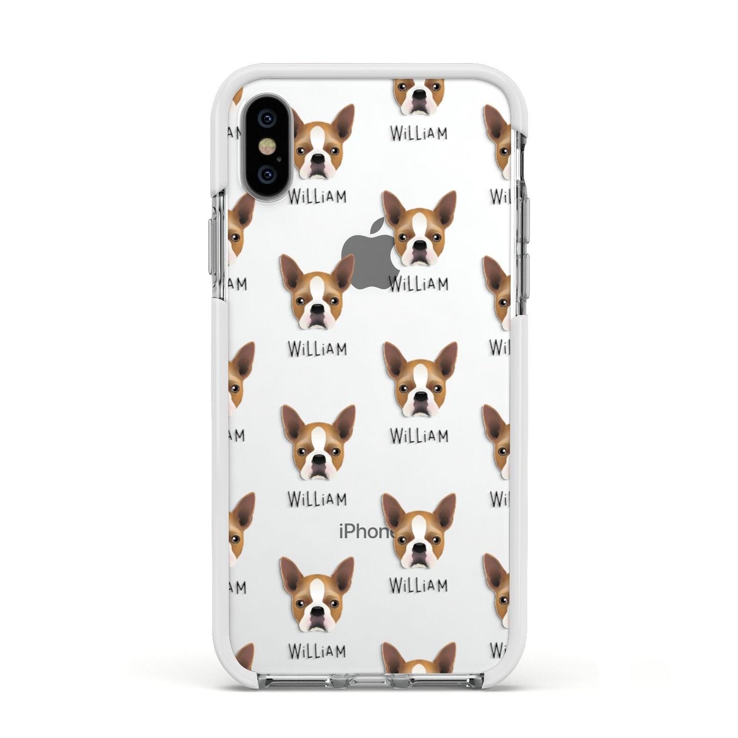 Boston Terrier Icon with Name Apple iPhone Xs Impact Case White Edge on Silver Phone
