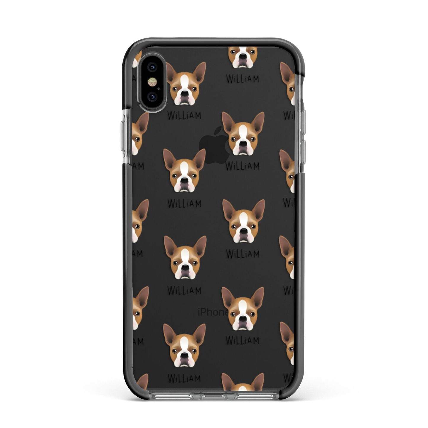 Boston Terrier Icon with Name Apple iPhone Xs Max Impact Case Black Edge on Black Phone