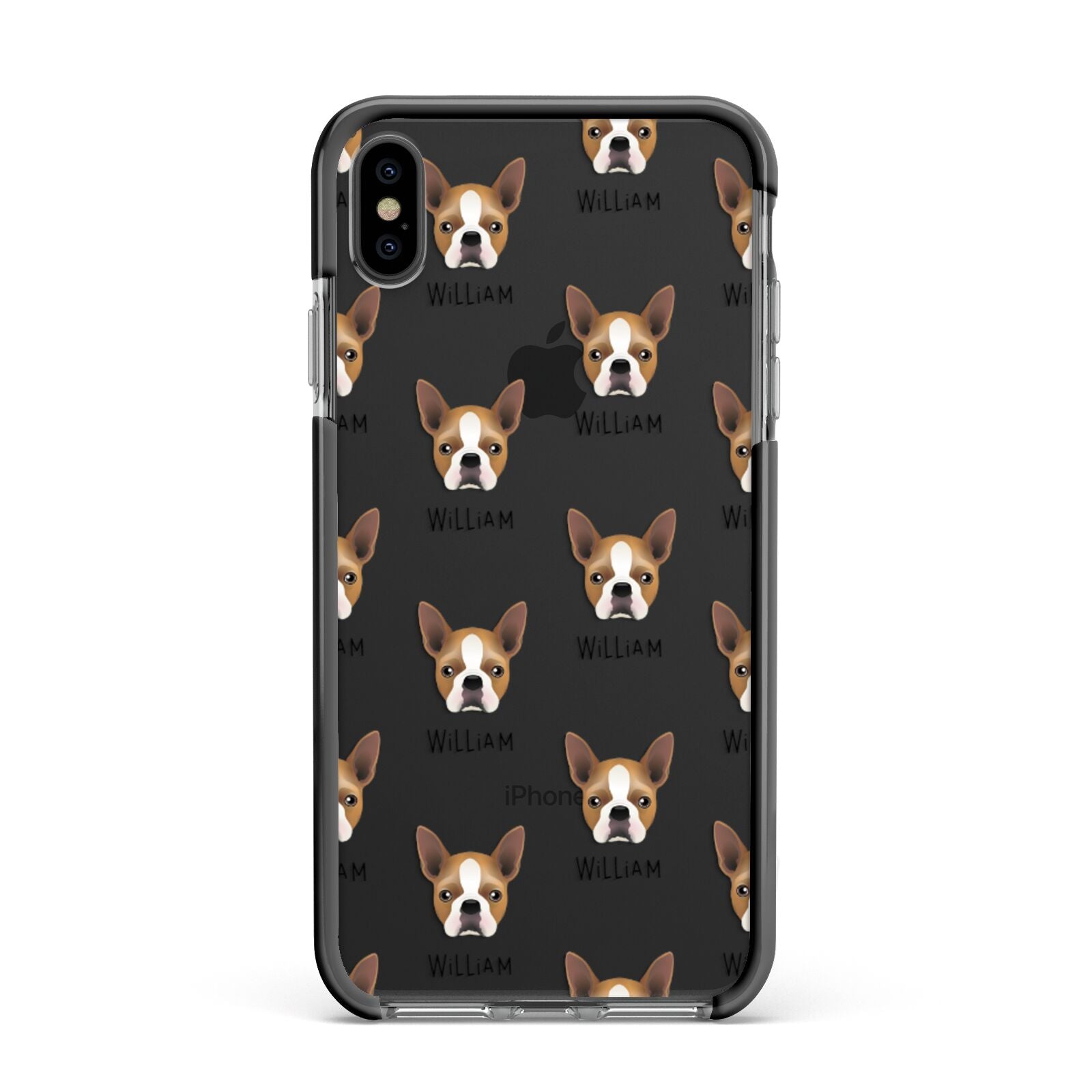 Boston Terrier Icon with Name Apple iPhone Xs Max Impact Case Black Edge on Black Phone