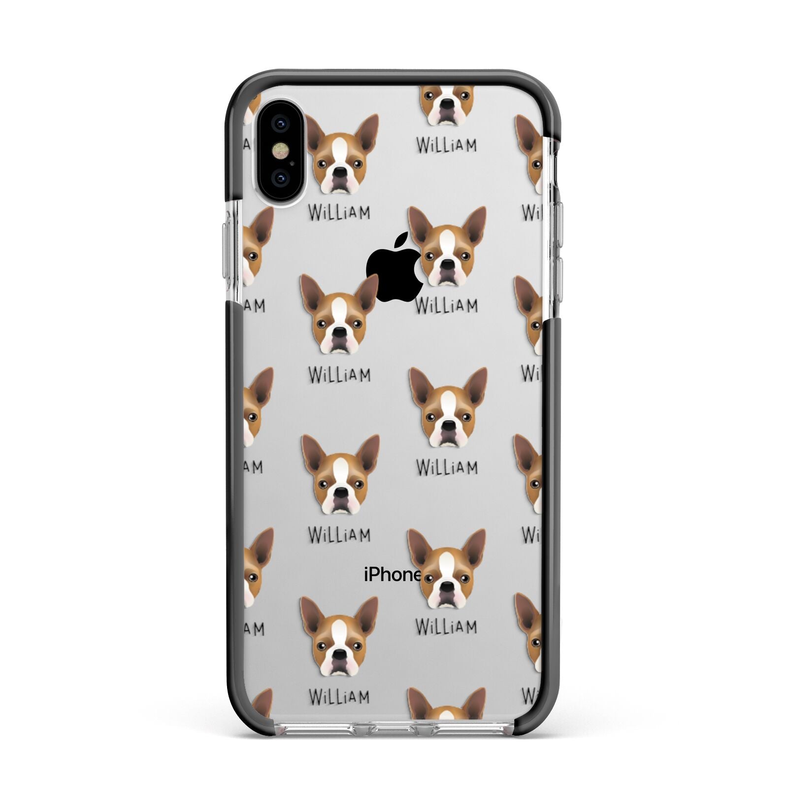 Boston Terrier Icon with Name Apple iPhone Xs Max Impact Case Black Edge on Silver Phone