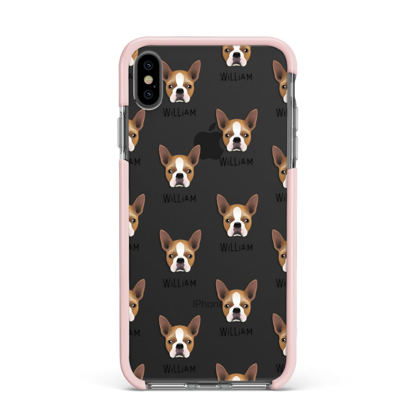 Boston Terrier Icon with Name Apple iPhone Xs Max Impact Case Pink Edge on Black Phone