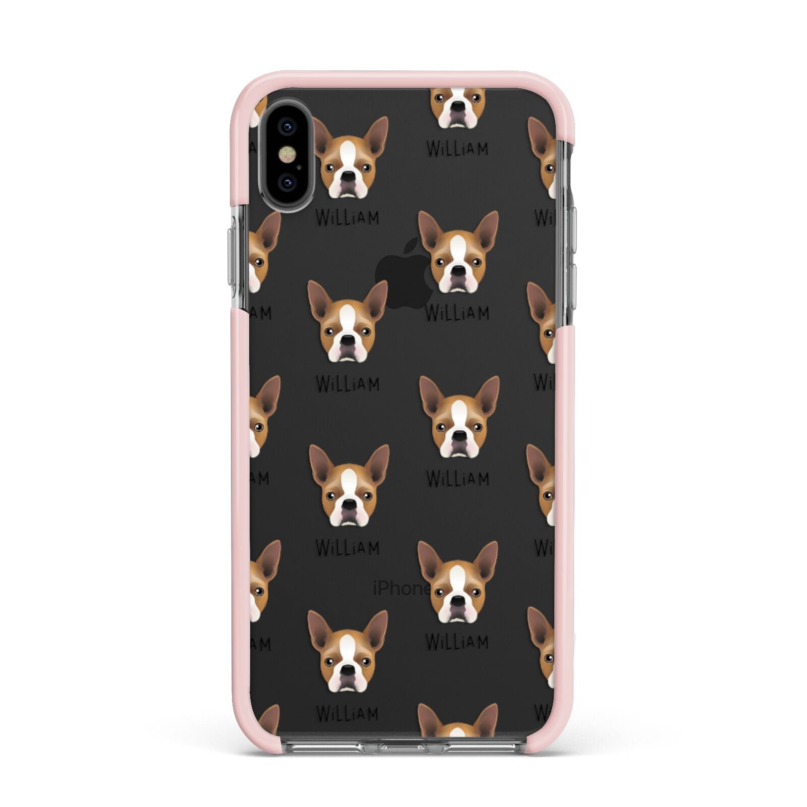 Boston Terrier Icon with Name Apple iPhone Xs Max Impact Case Pink Edge on Black Phone
