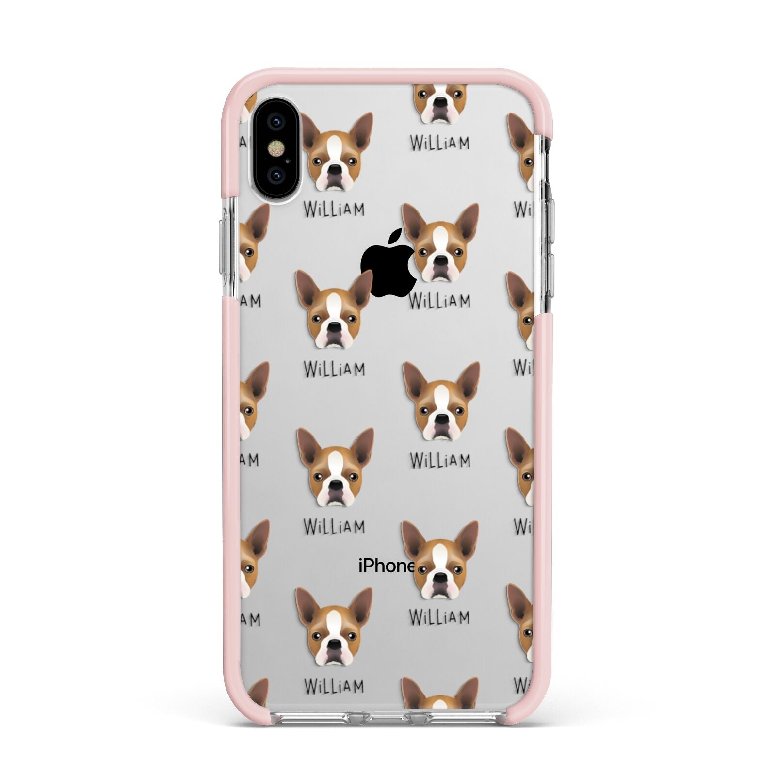 Boston Terrier Icon with Name Apple iPhone Xs Max Impact Case Pink Edge on Silver Phone