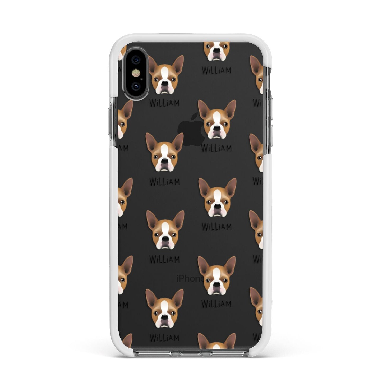 Boston Terrier Icon with Name Apple iPhone Xs Max Impact Case White Edge on Black Phone