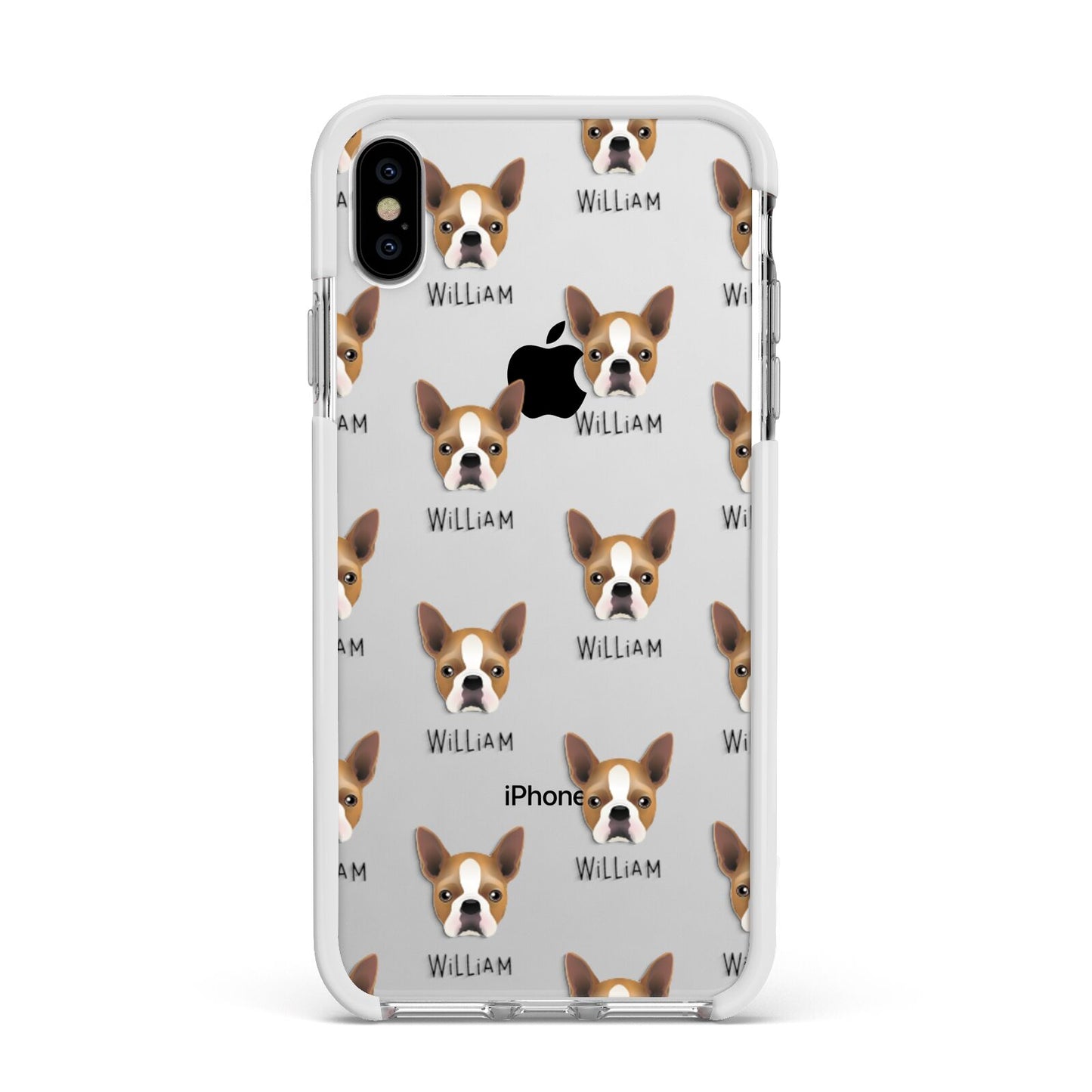 Boston Terrier Icon with Name Apple iPhone Xs Max Impact Case White Edge on Silver Phone