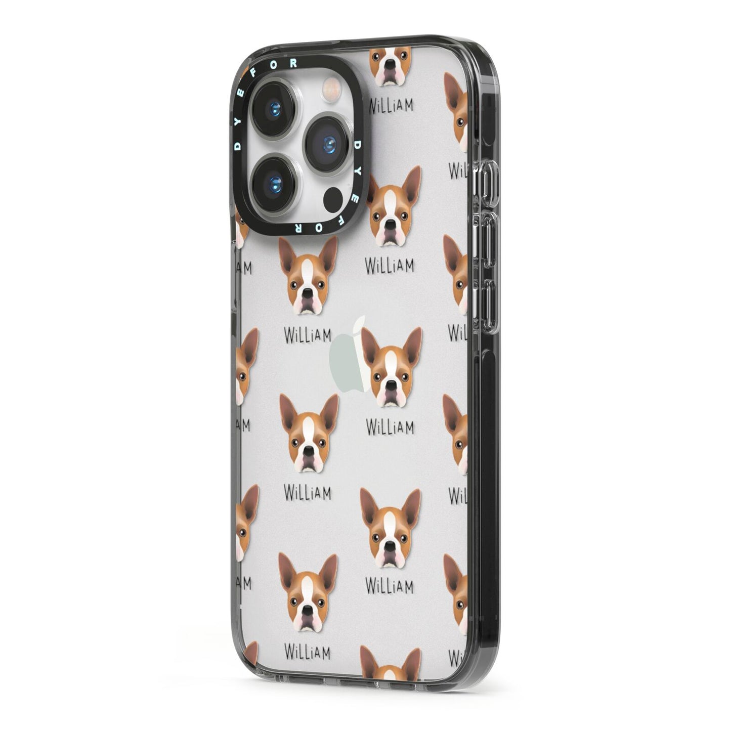 Boston Terrier Icon with Name iPhone 13 Pro Black Impact Case Side Angle on Silver phone