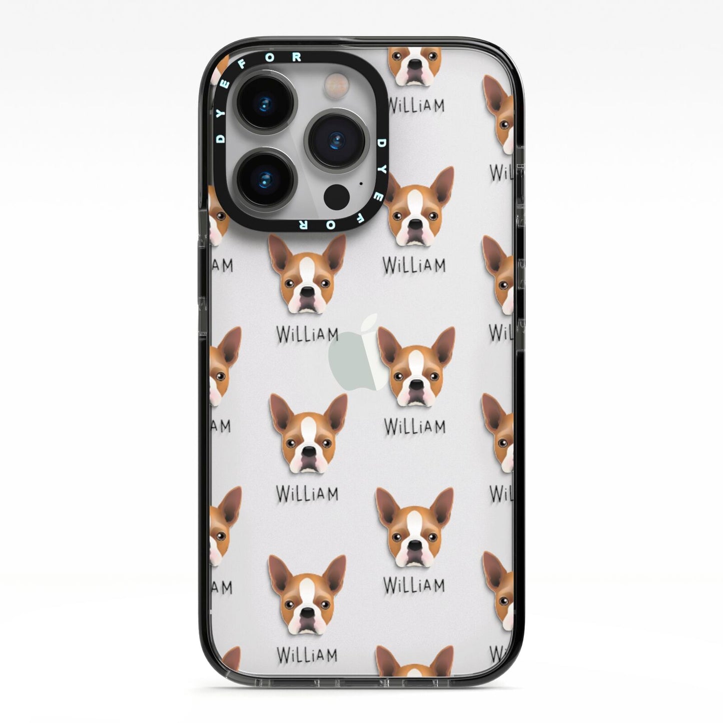 Boston Terrier Icon with Name iPhone 13 Pro Black Impact Case on Silver phone