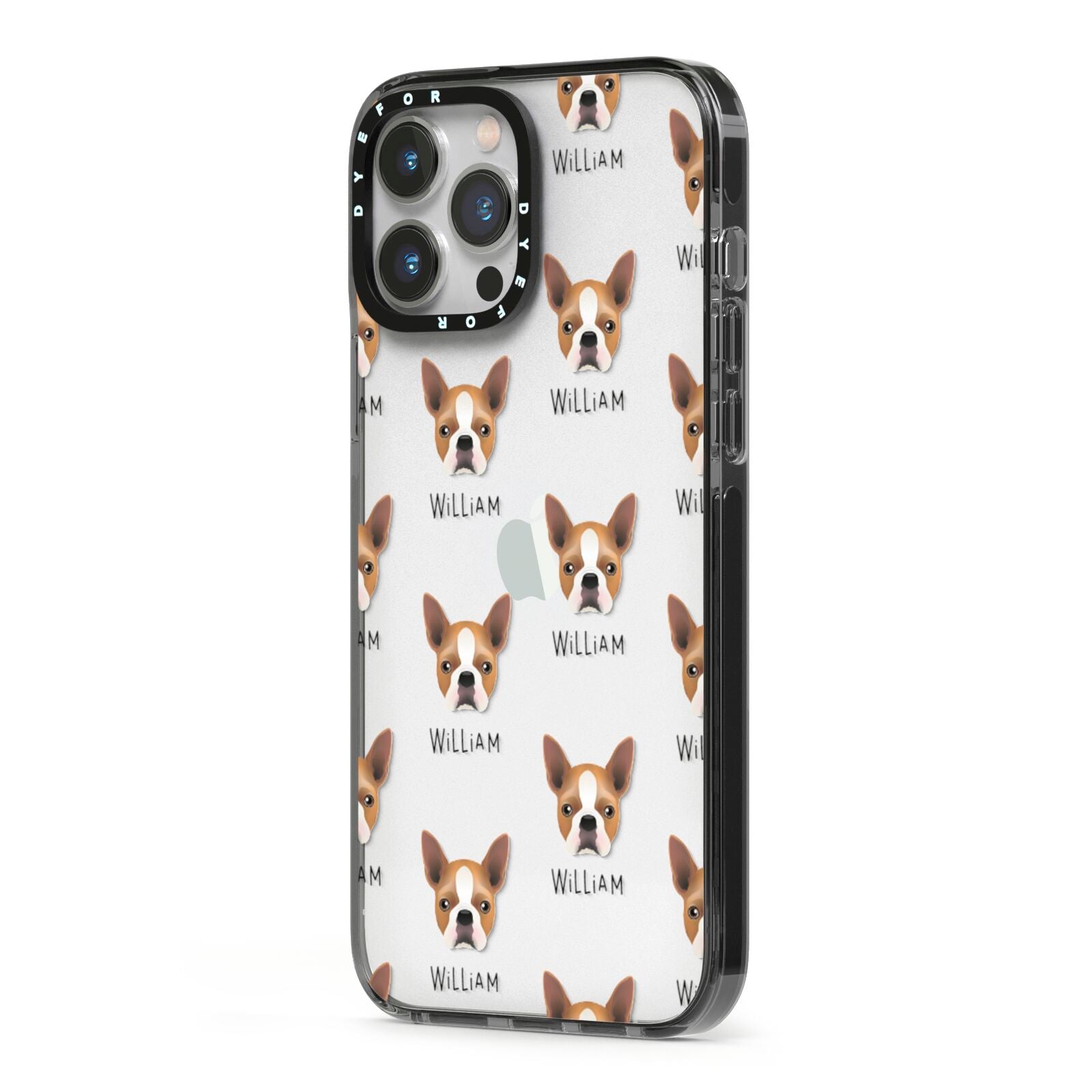 Boston Terrier Icon with Name iPhone 13 Pro Max Black Impact Case Side Angle on Silver phone