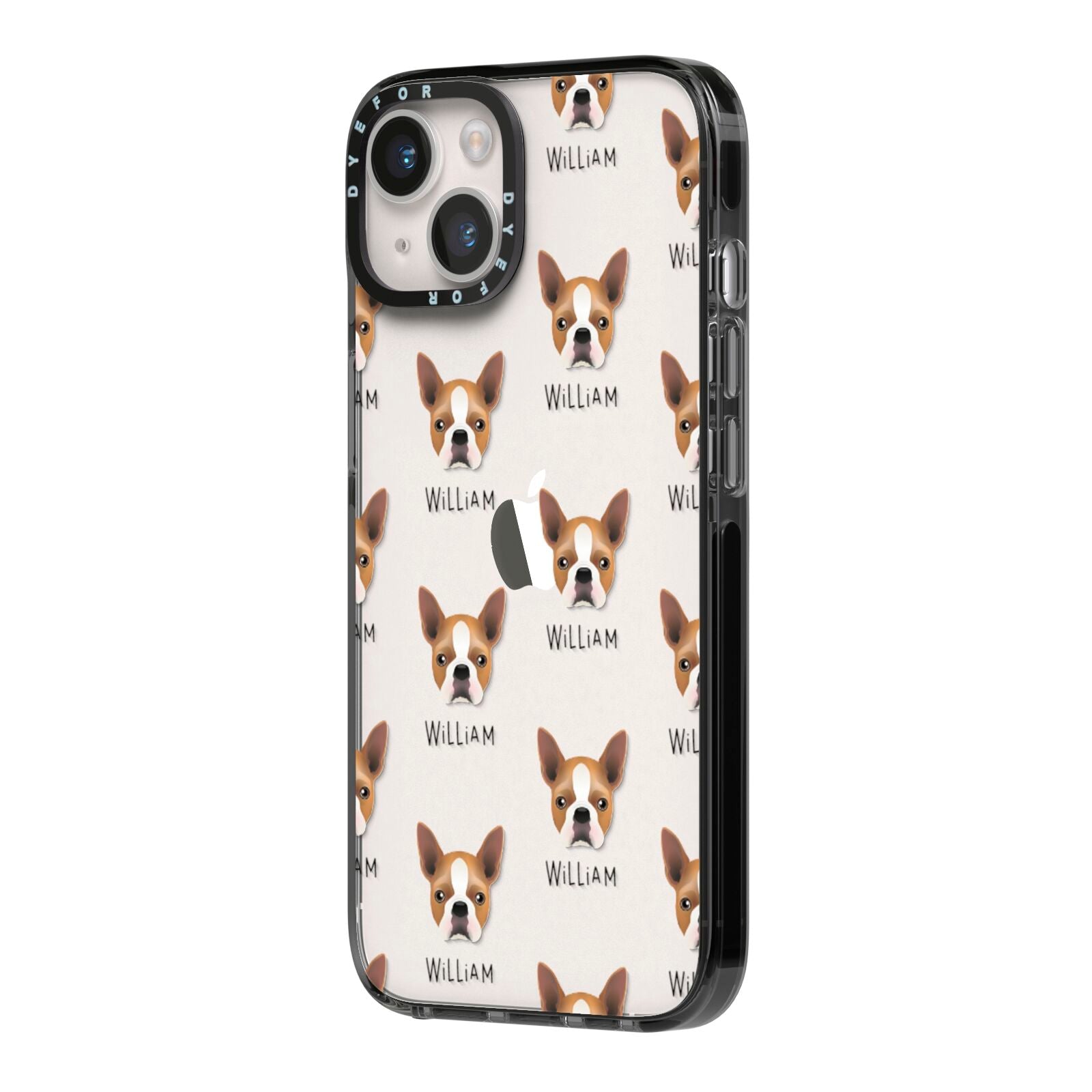 Boston Terrier Icon with Name iPhone 14 Black Impact Case Side Angle on Silver phone