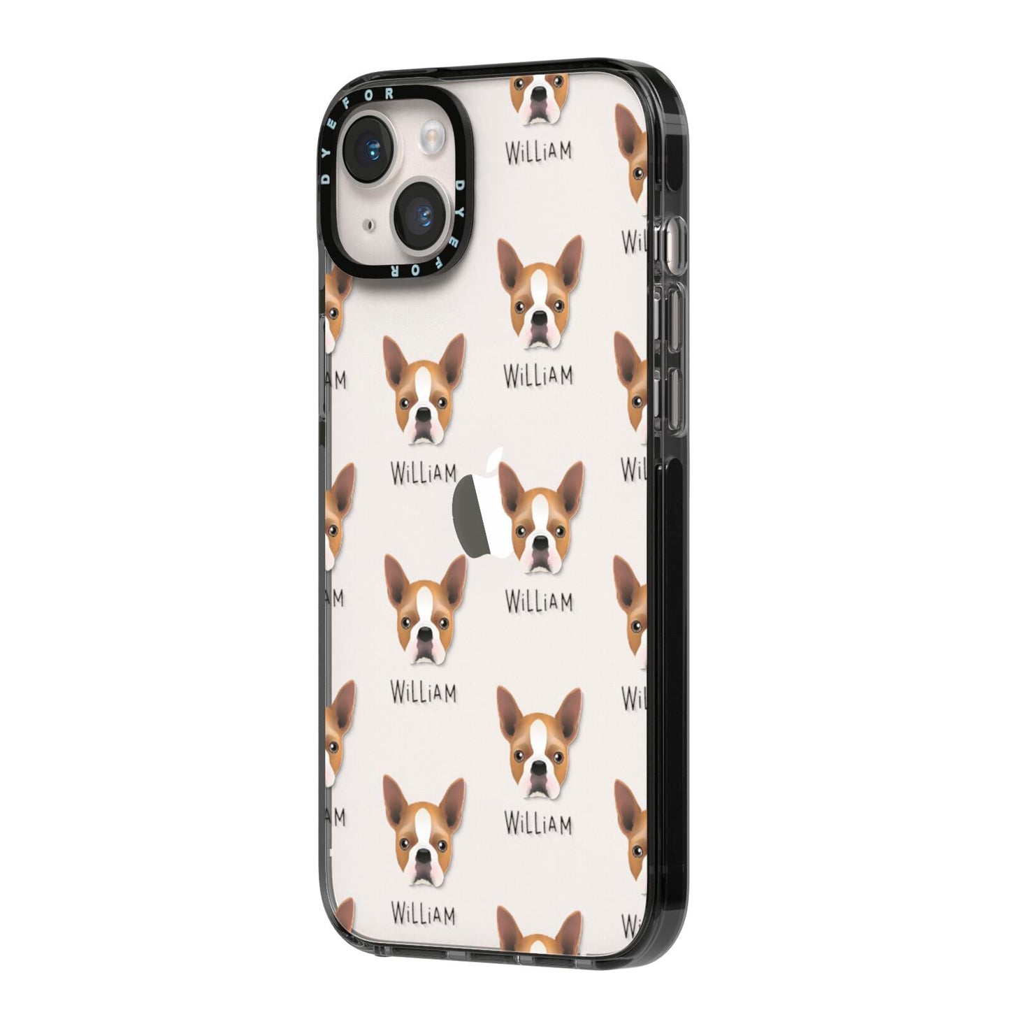 Boston Terrier Icon with Name iPhone 14 Plus Black Impact Case Side Angle on Silver phone