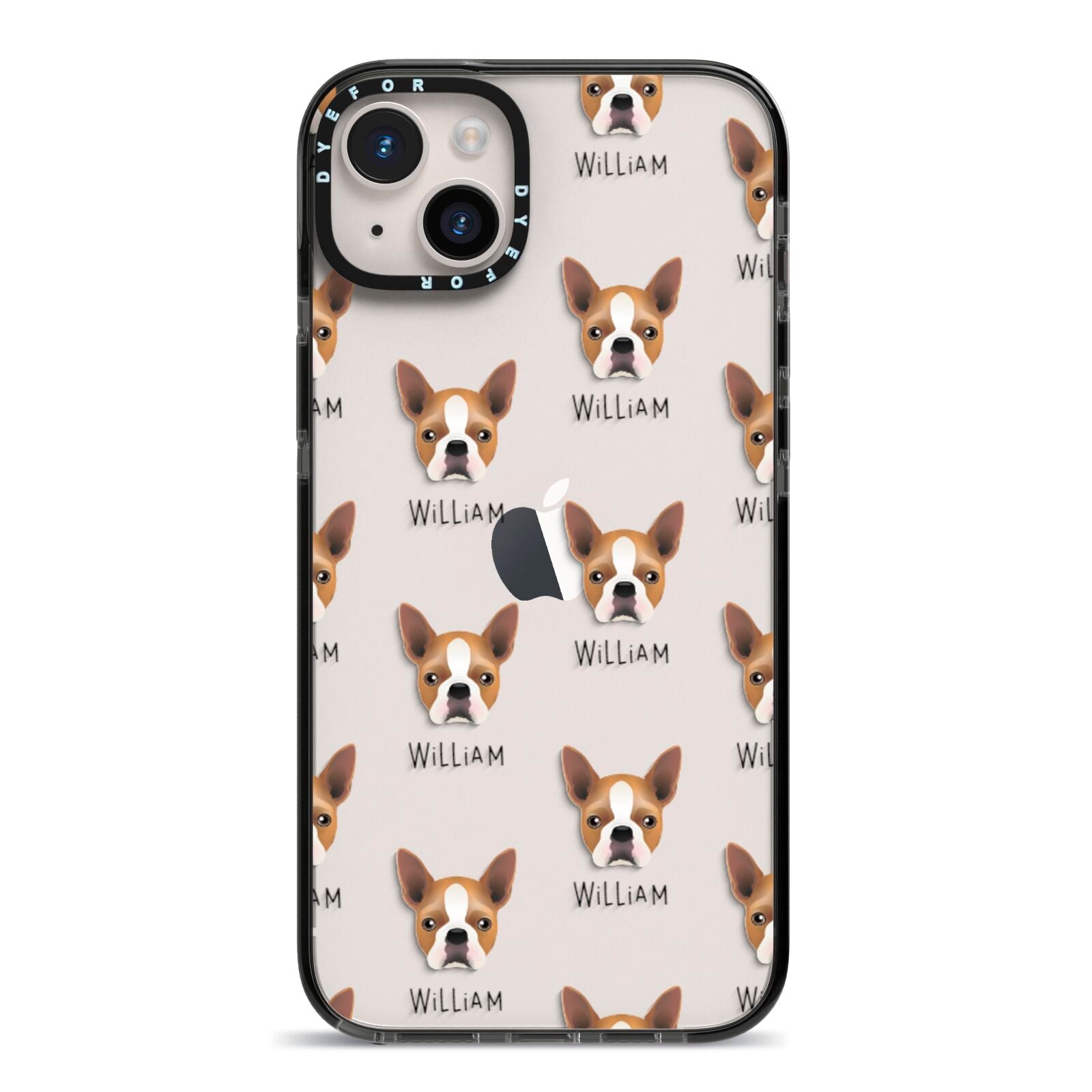 Boston Terrier Icon with Name iPhone 14 Plus Black Impact Case on Silver phone